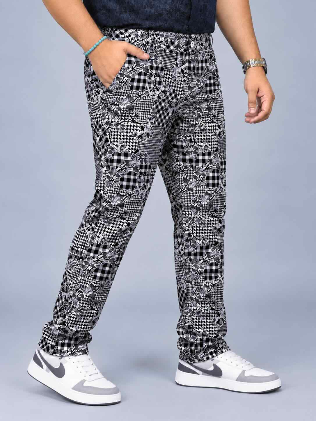 Floral Check Fusion Printed Twill Lycra Men's Plus Size Full Pant