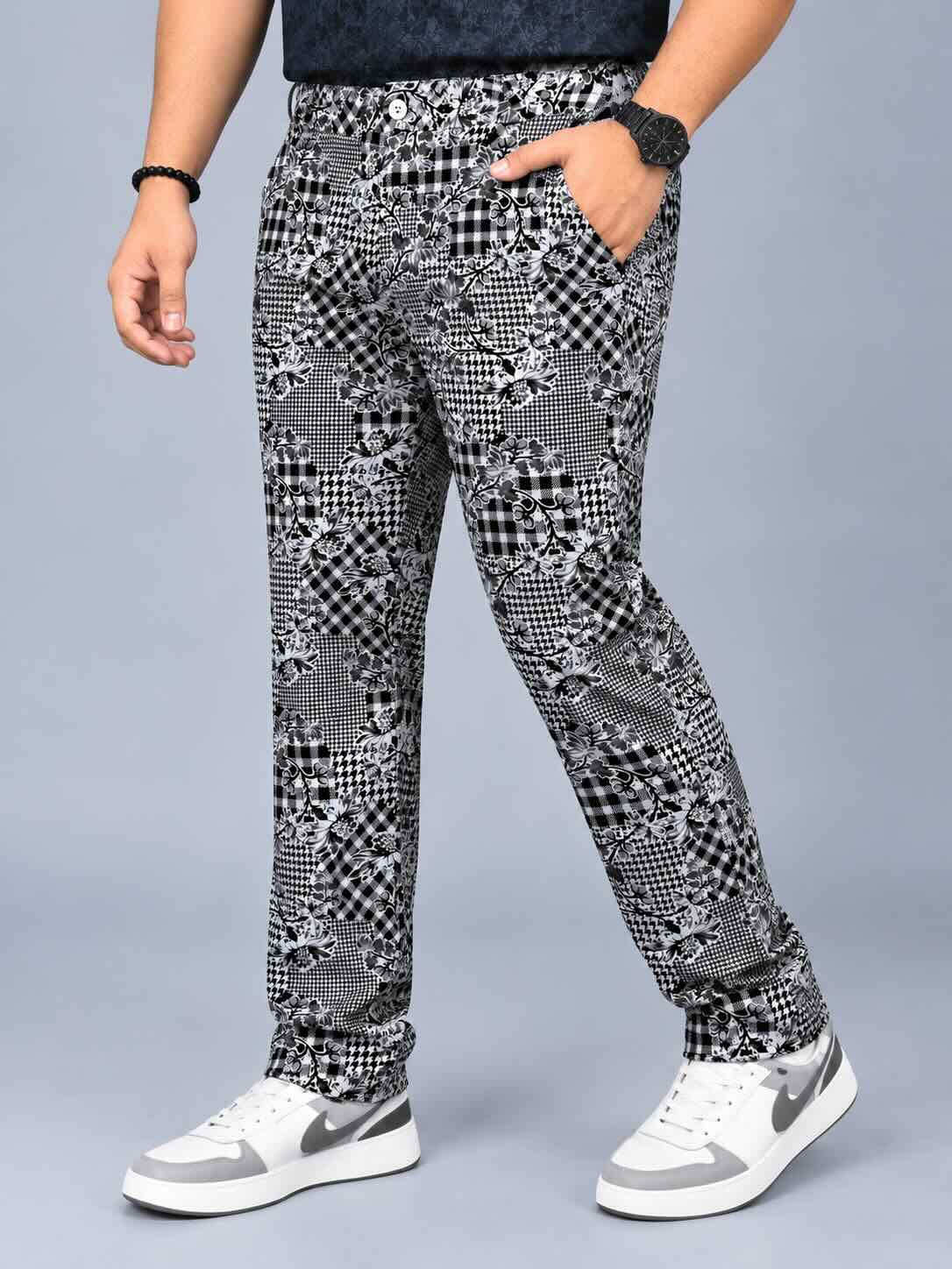 Floral Check Fusion Printed Twill Lycra Men's Plus Size Full Pant