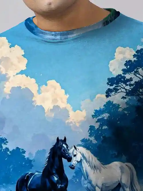 Black & White Horses Digital Printed Plus Size T-shirt