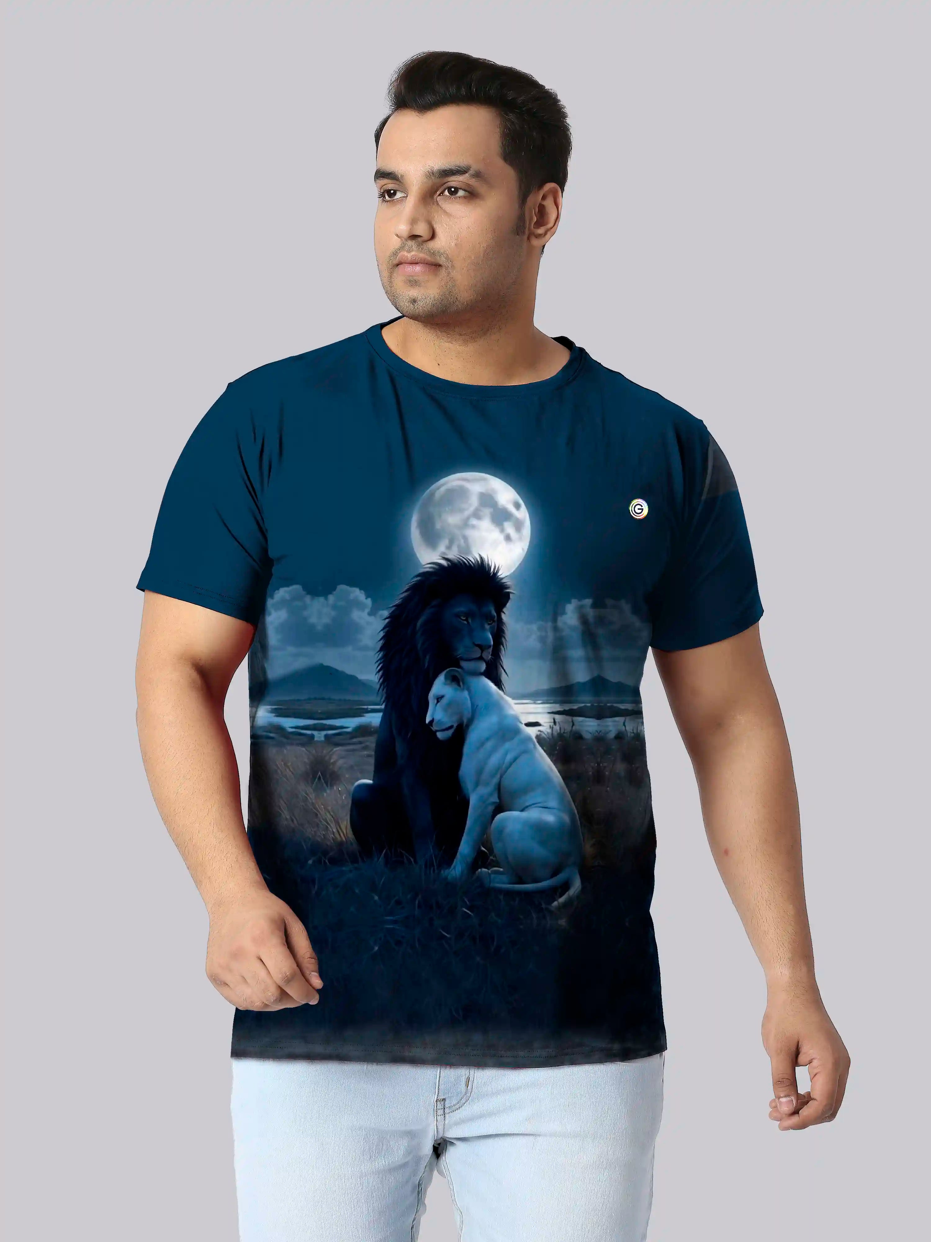 White & Black Lion Digital Printed Plus Size T-shirt