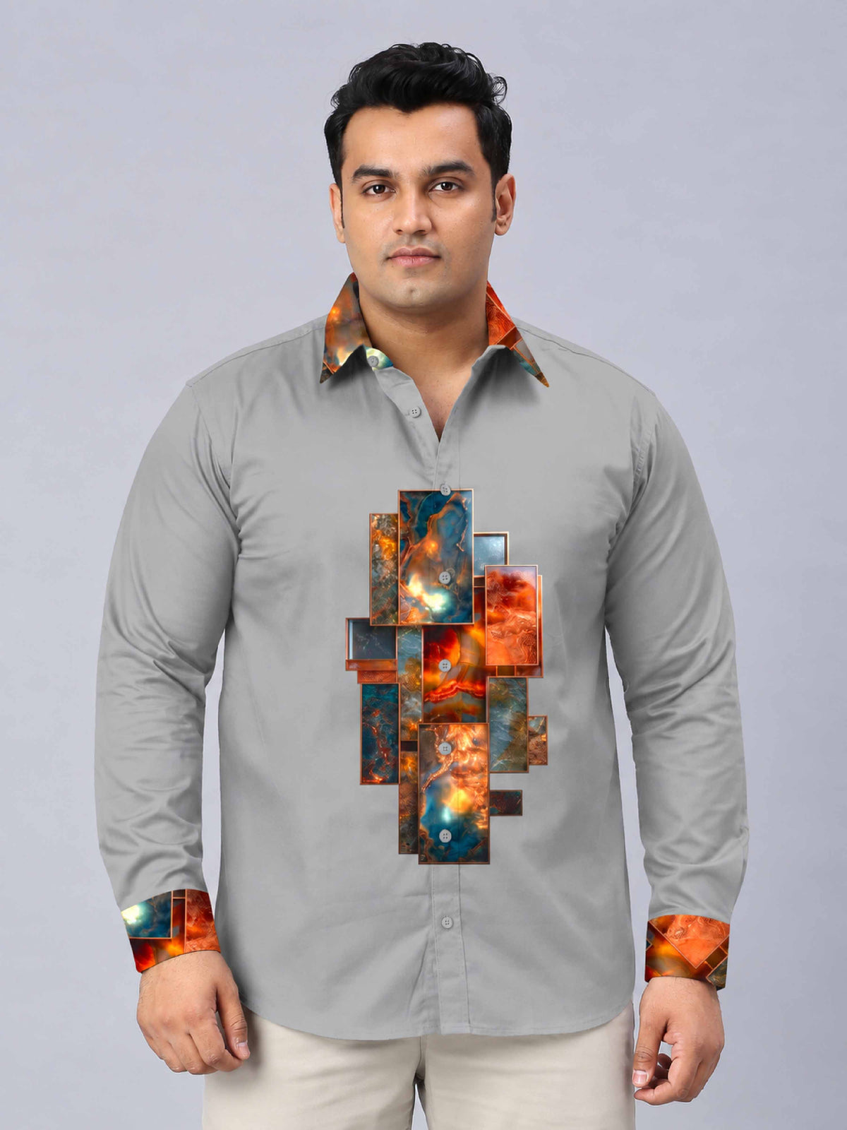 Ocean Ember Digital Printed Men's Plus Size Silk Full Shirt