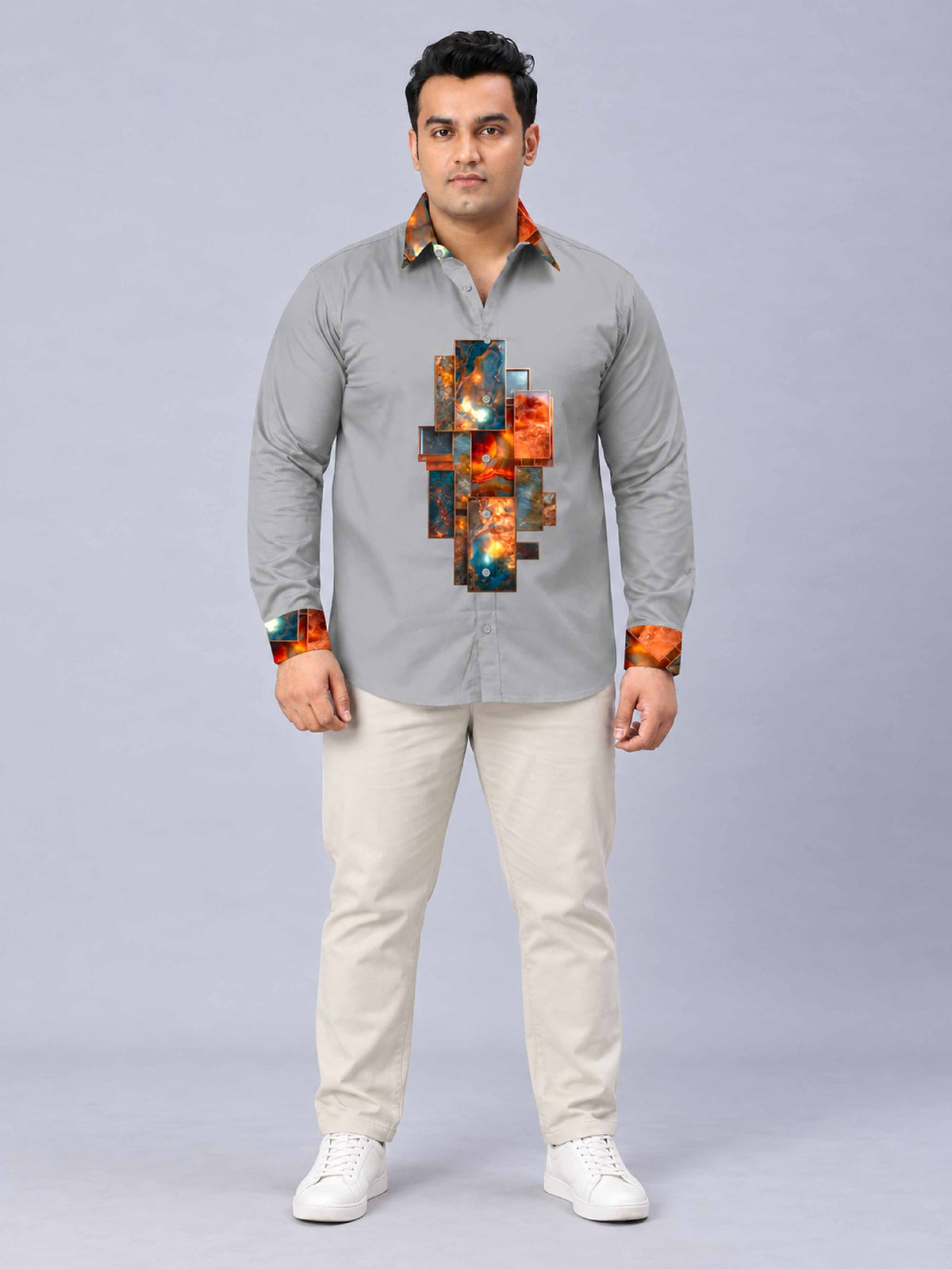 Ocean Ember Digital Printed Men's Plus Size Silk Full Shirt