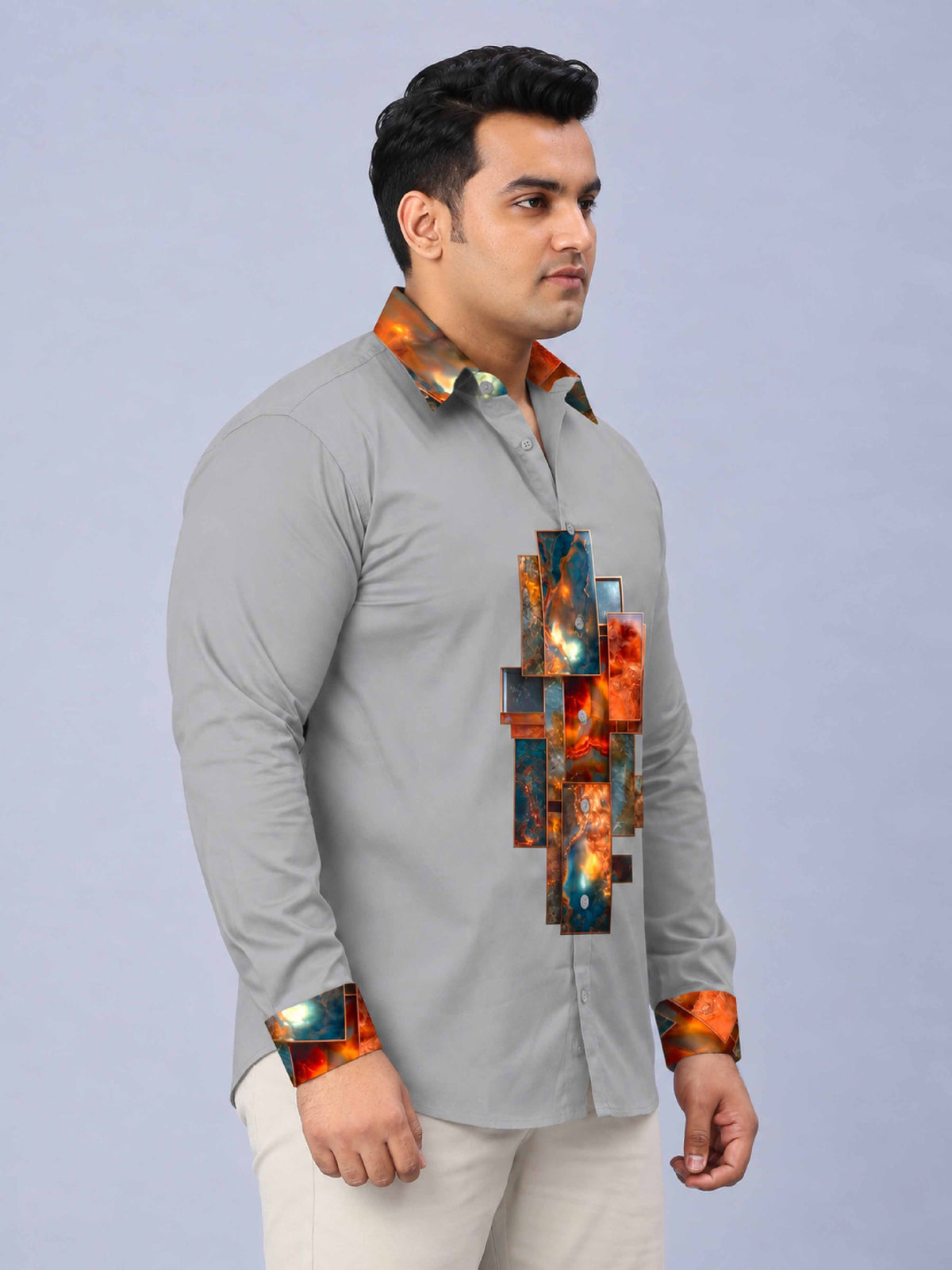 Ocean Ember Digital Printed Men's Plus Size Silk Full Shirt