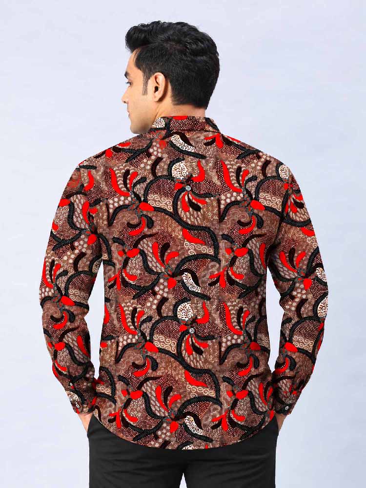 Indonesians Batik Digital Printed Men's Plus Size Silk Full Shirt