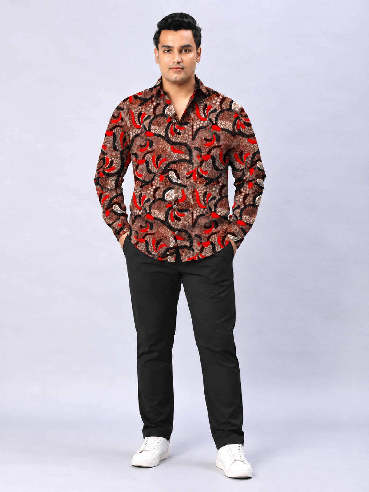 Indonesians Batik Digital Printed Men's Plus Size Silk Full Shirt