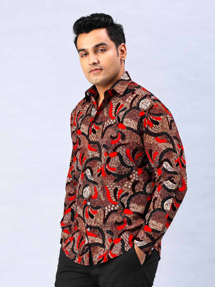 Indonesians Batik Digital Printed Men's Plus Size Silk Full Shirt