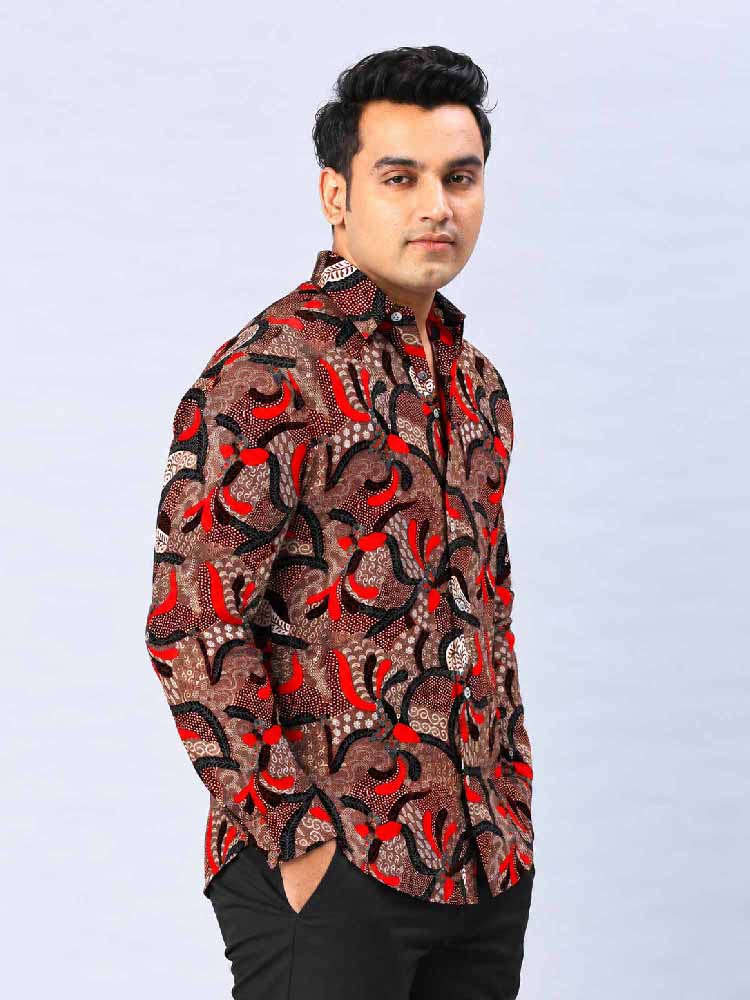 Indonesians Batik Digital Printed Men's Plus Size Silk Full Shirt
