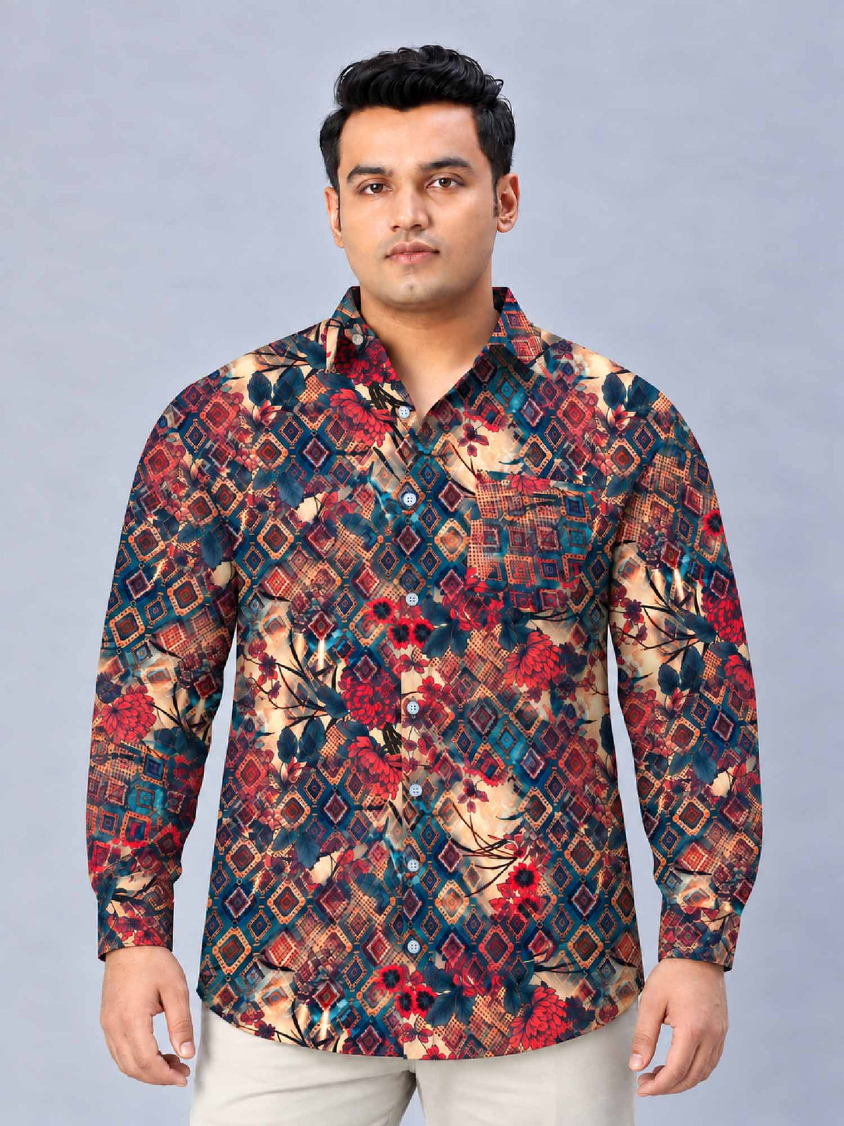 Persian Bloom Digital Printed Men's Plus Size Silk Full Shirt