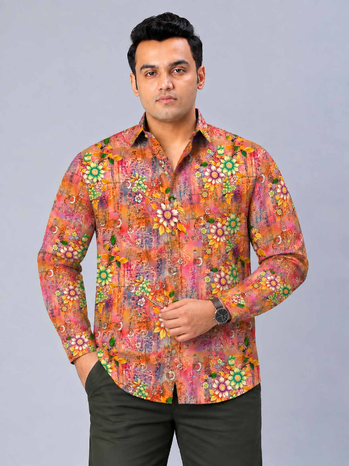 Autumn Blossom Digital Printed Men's Plus Size Full Sleeve Shirt