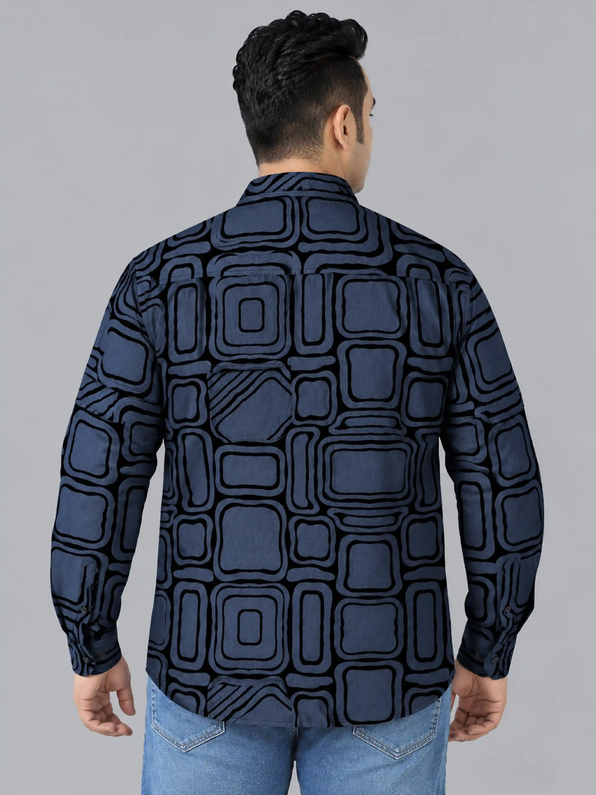 Retro Grid Denim Printed Men's Plus Size Double Pocket Full Sleeve Shirt