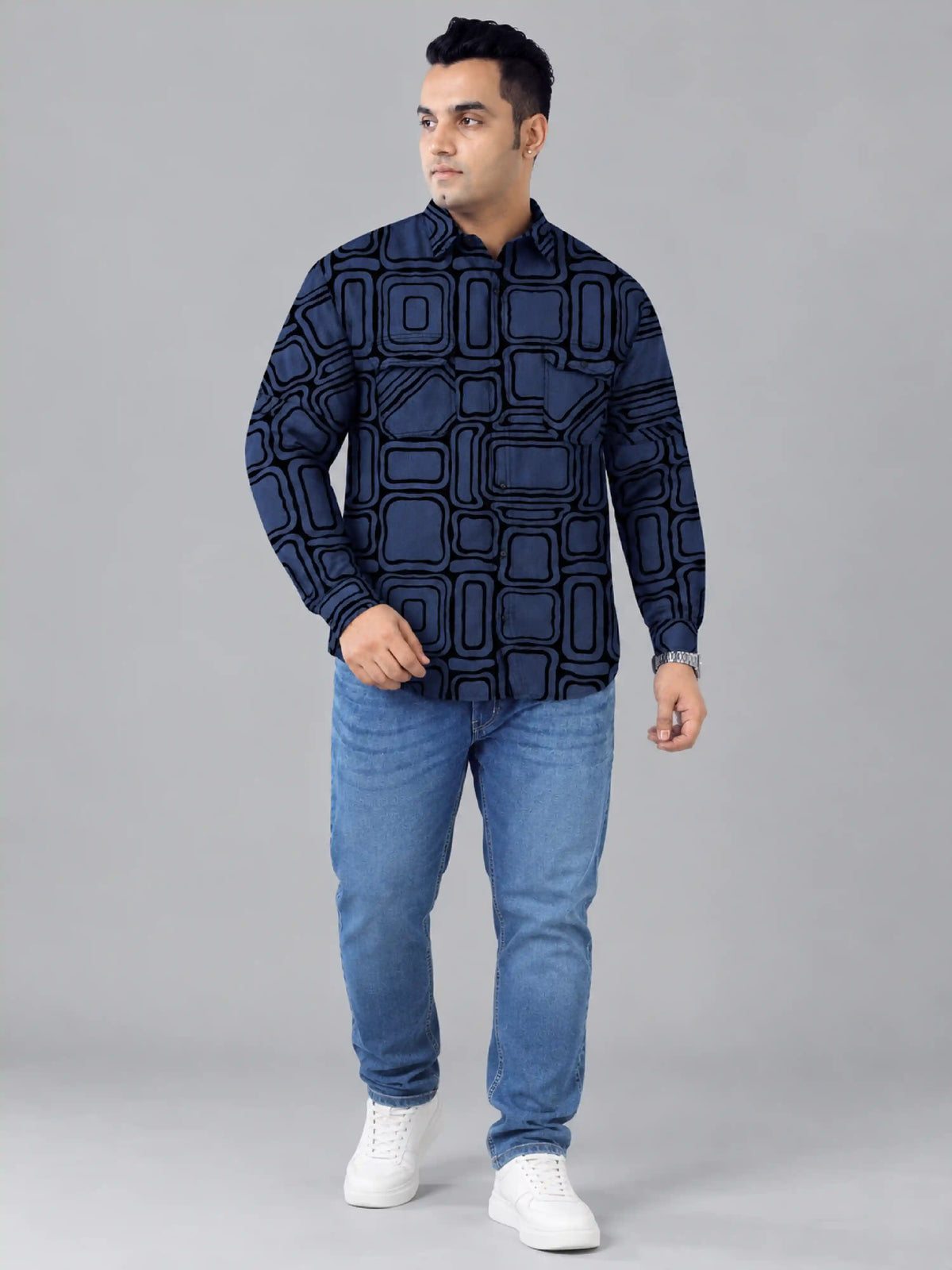 Retro Grid Denim Printed Men's Plus Size Double Pocket Full Sleeve Shirt