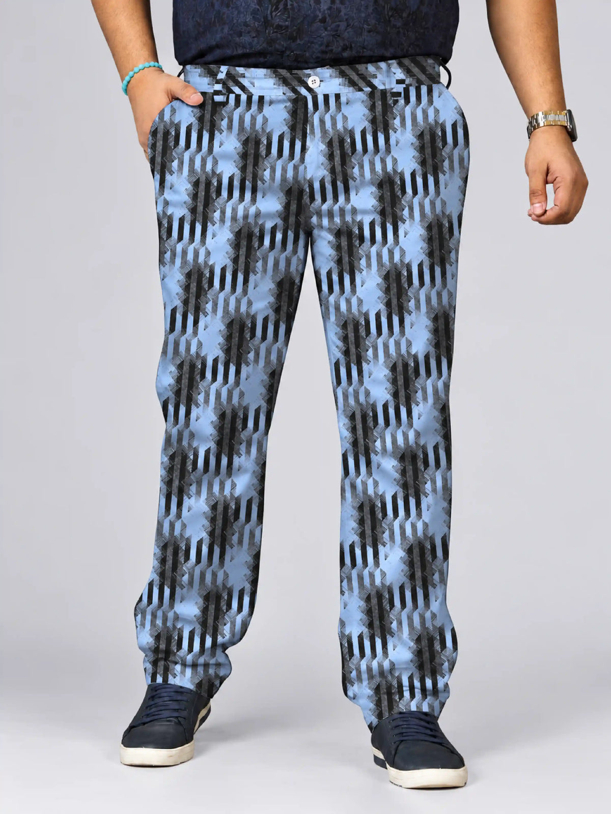 Plaid Stripe Digital Printed Twill Lycra Men's Plus Size Full Pant
