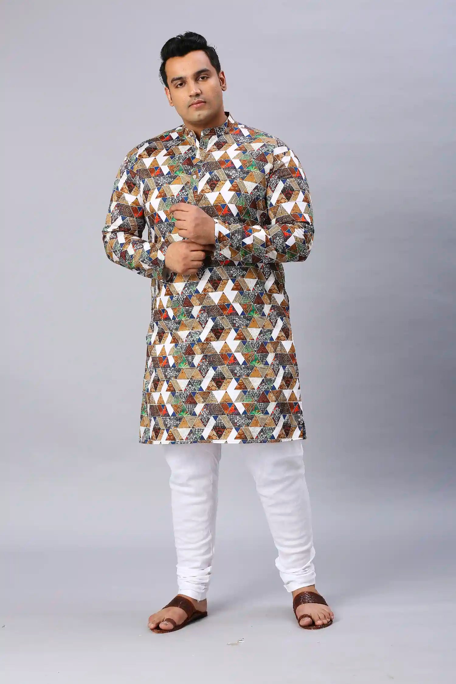 Almond Digital Printed Men's Plus Size Kurta