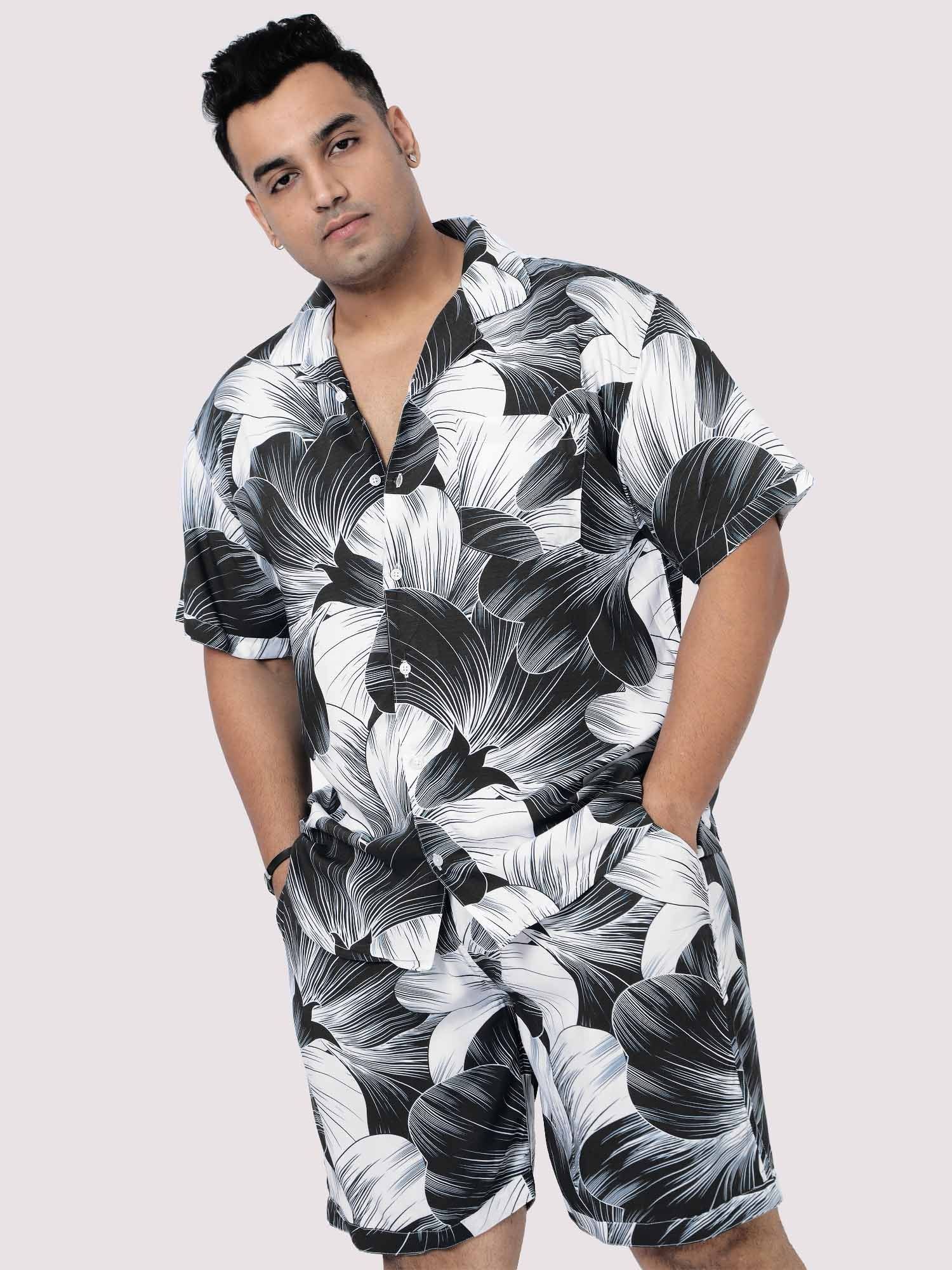 Black Big Flower Digital Printed Half Co-Ords Men's Plus Size