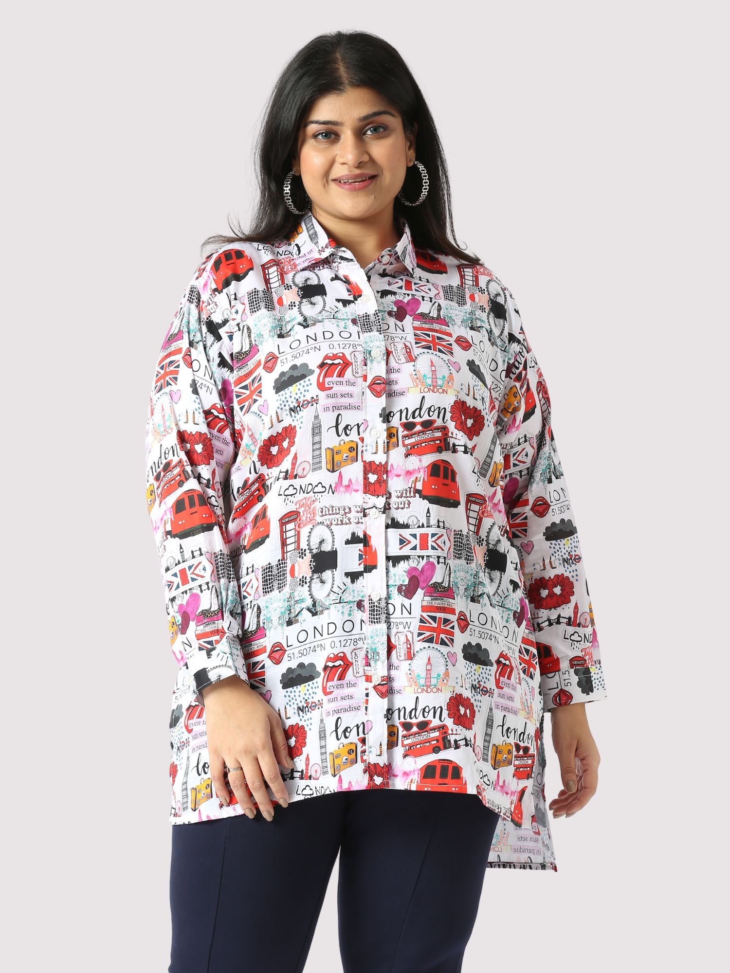 London Love Digital Printed Women's Plus Size Long Shirt