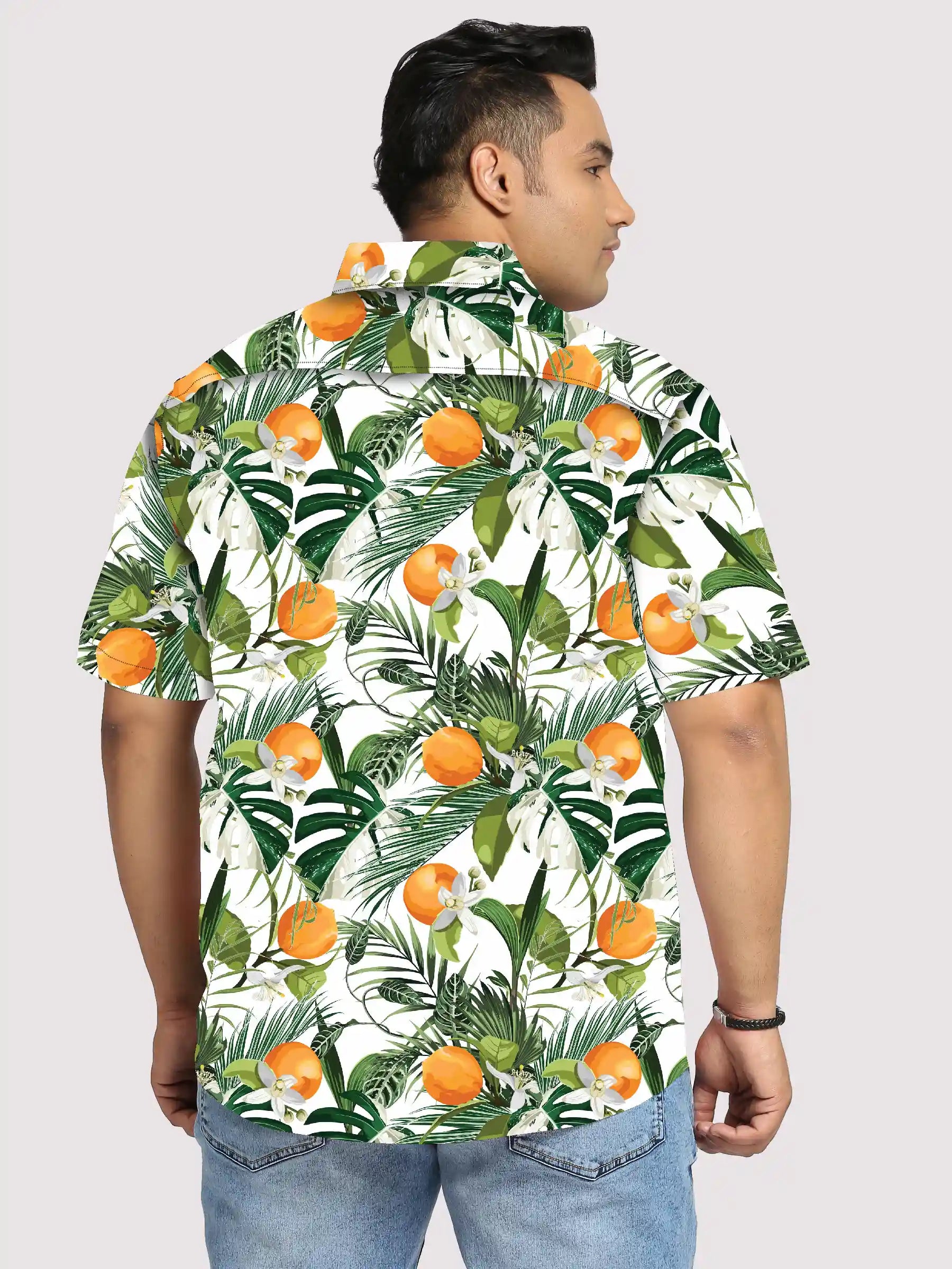 Orange Fruit Branch Printed Men's Plus Size Half Sleeve Shirt