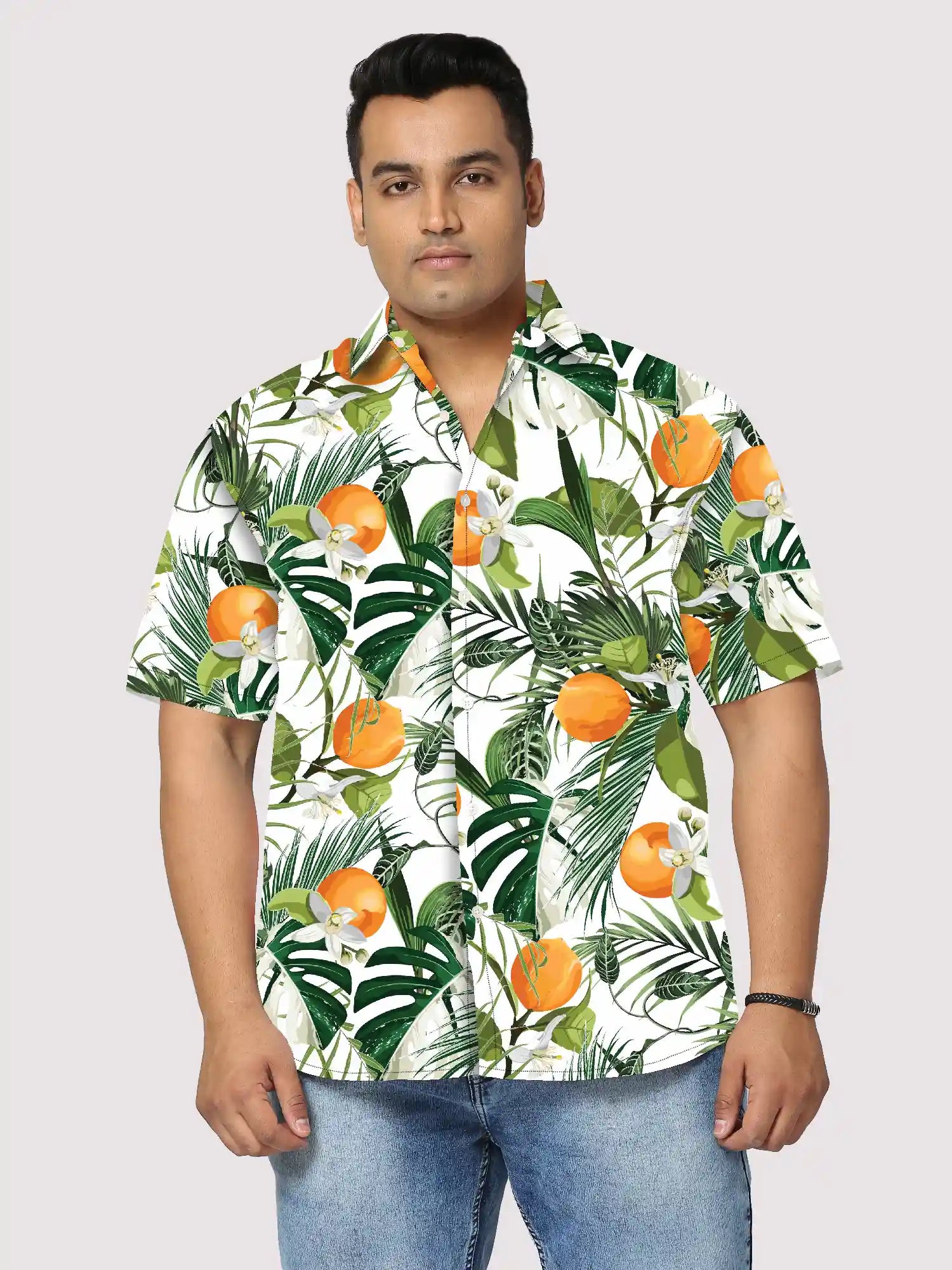 Orange Fruit Branch Printed Men's Plus Size Half Sleeve Shirt