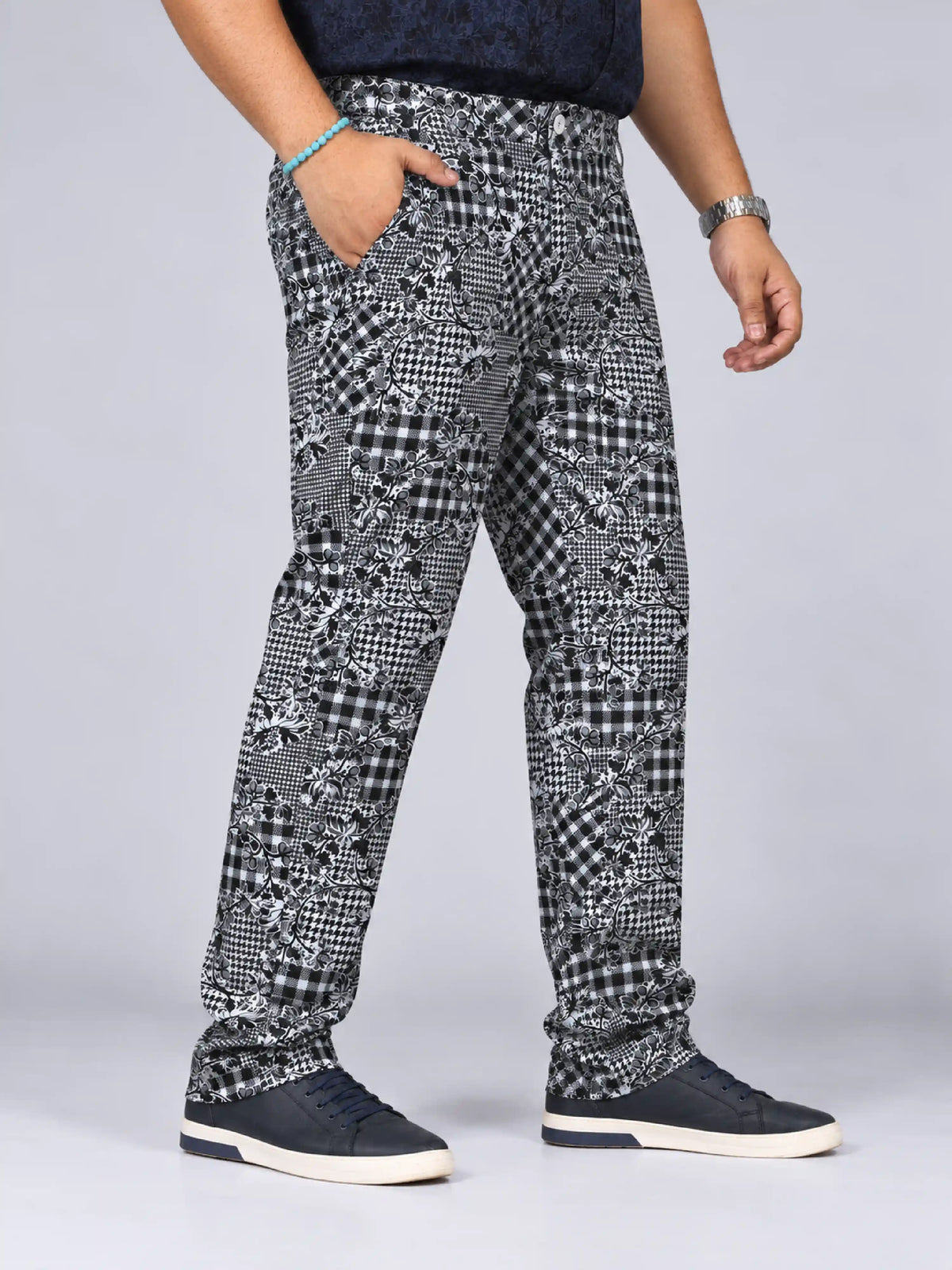 Checkered Floral Digital Printed Twill Lycra Men's Plus Size Full Pant
