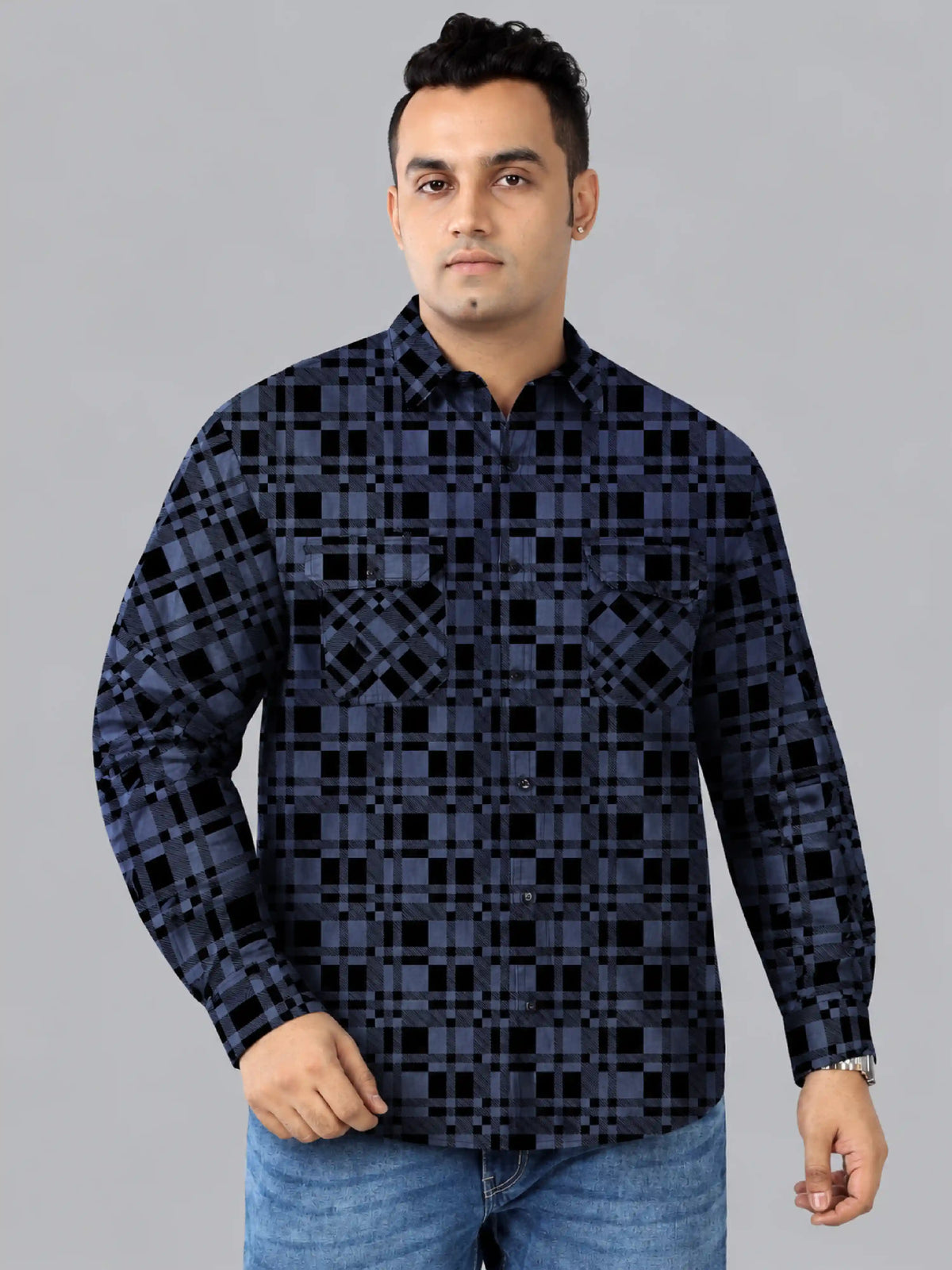 Black checks Denim Printed Men's Plus Size Double Pocket Full Sleeve Shirt