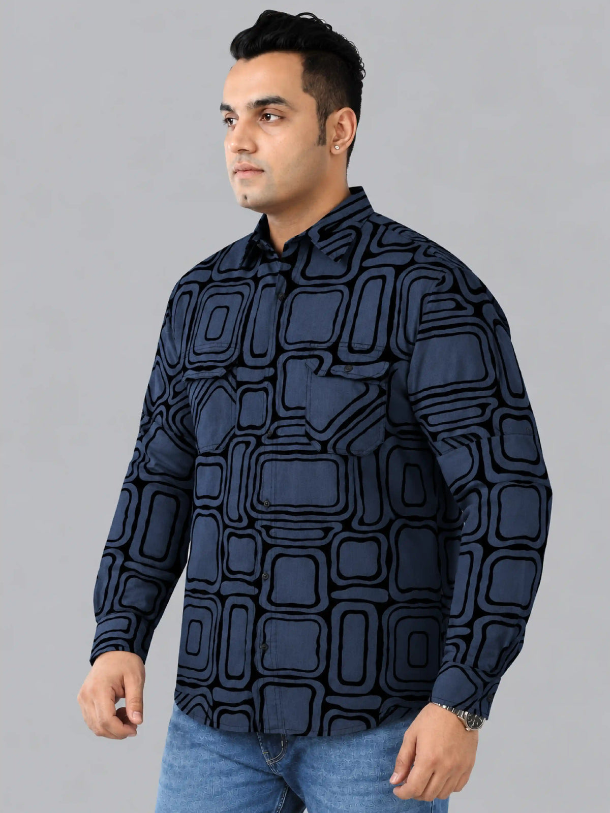 Retro Grid Denim Printed Men's Plus Size Double Pocket Full Sleeve Shirt