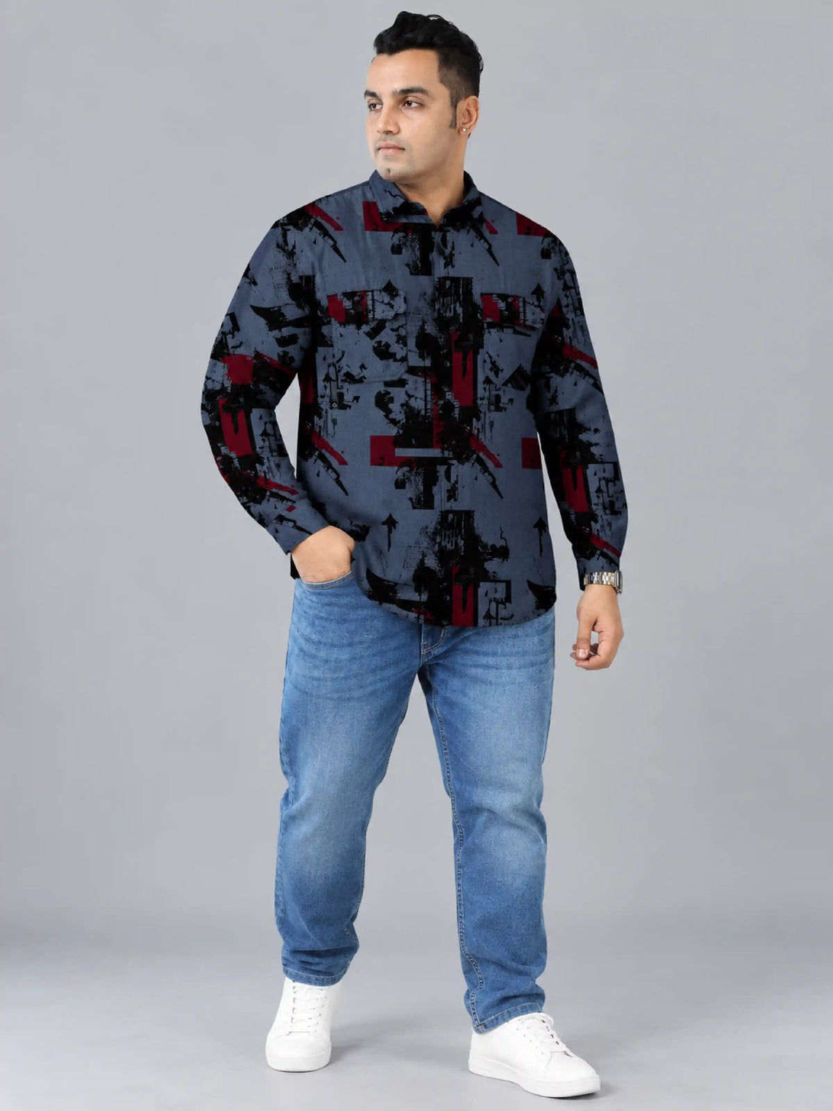 Urban Chaos Denim Printed Men's Plus Size Double Pocket Full Sleeve Shirt