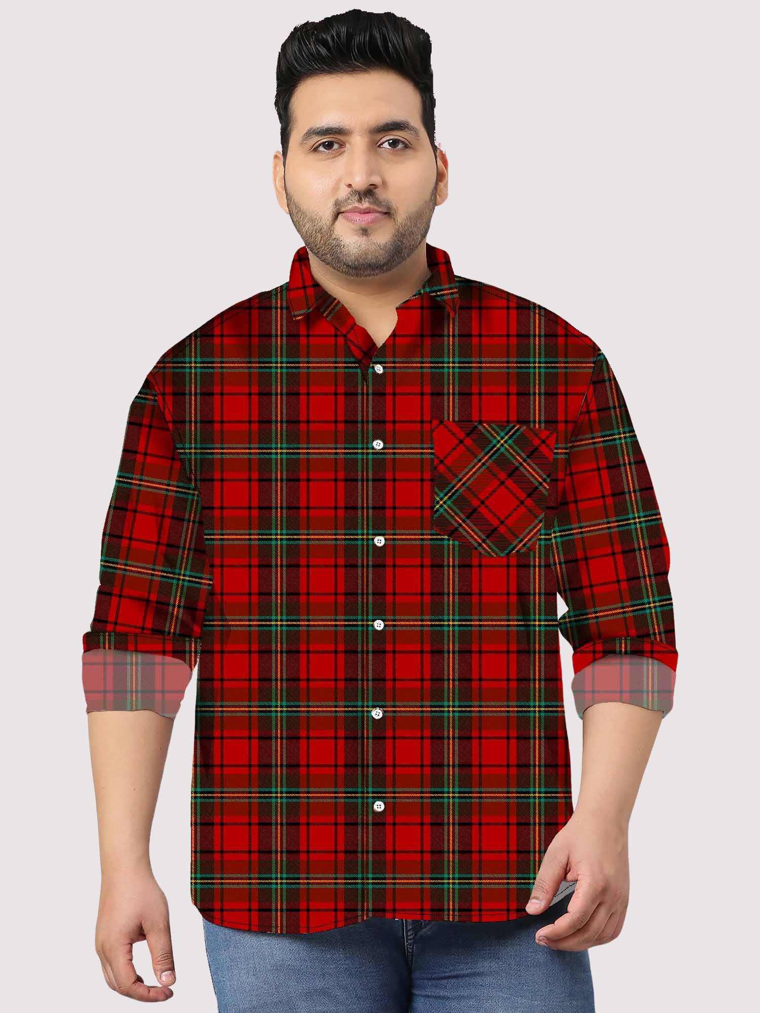Tartan Seamless Pattern Digital Printed Full Sleeve Shirt Men's Plus Size
