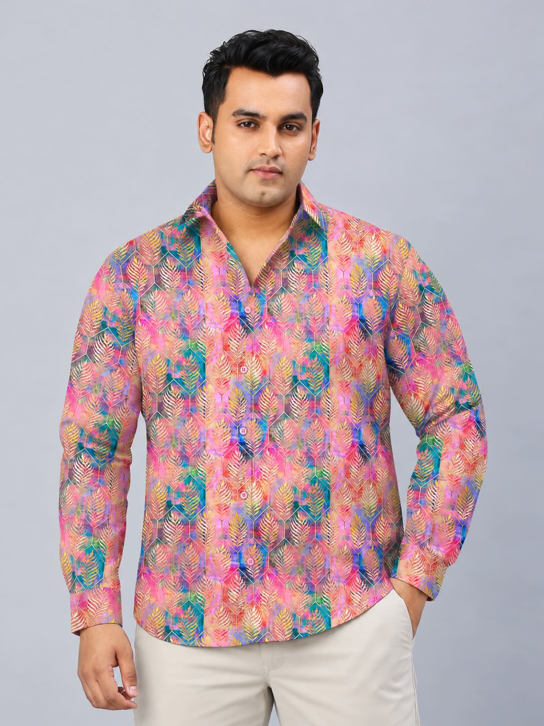 Vibrant Batik Design Digital Printed Men's Plus Size Full Sleeve Shirt