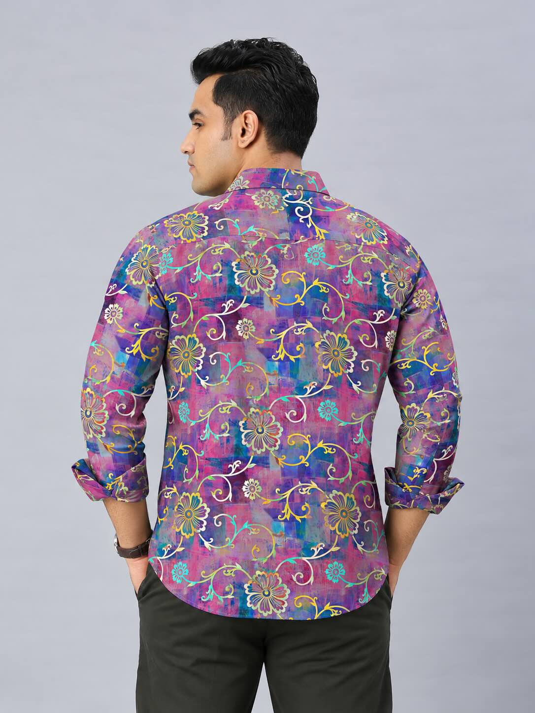 Gold Floral Digital Printed Men's Plus Size Full Sleeve Shirt