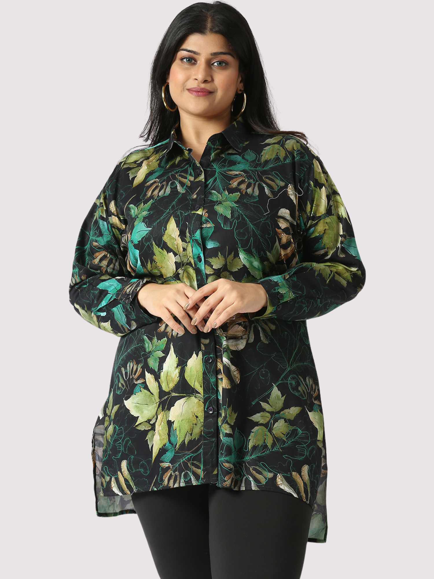 Wild Green Digital Printed Women's Plus Size Long Shirt