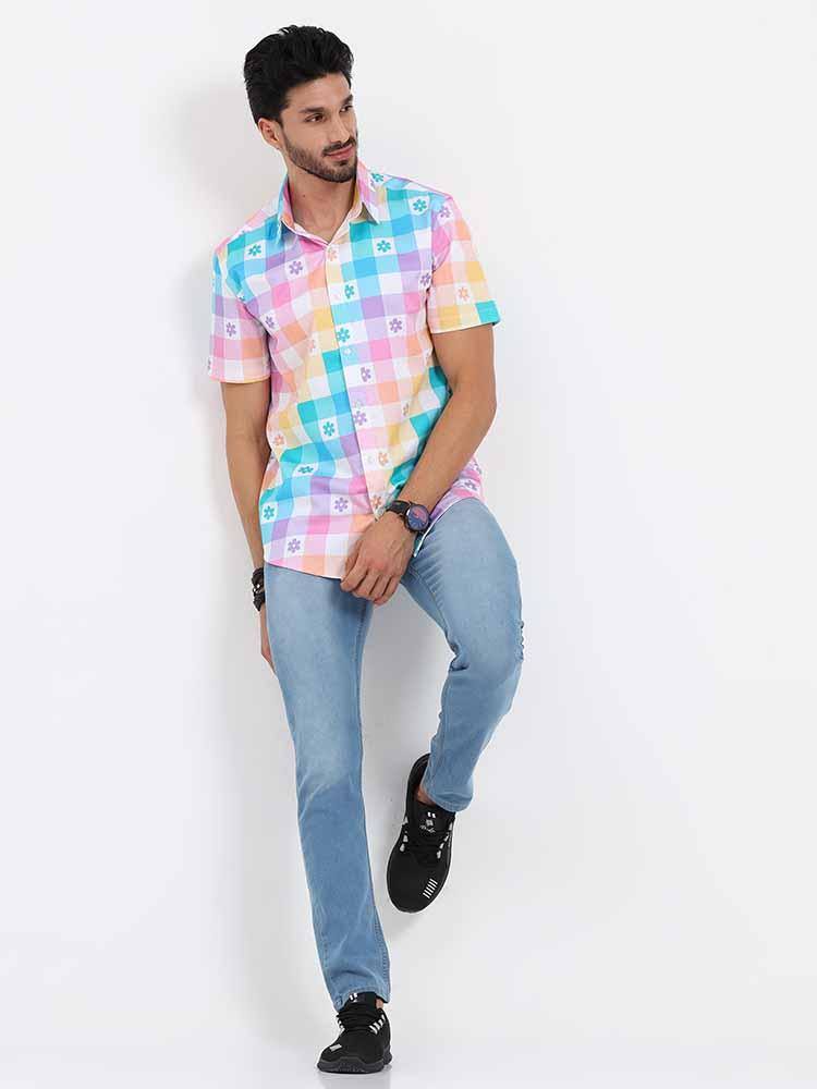 Abstract Rainbow Checks Cotton Half Sleeve Shirt - Guniaa Fashions
