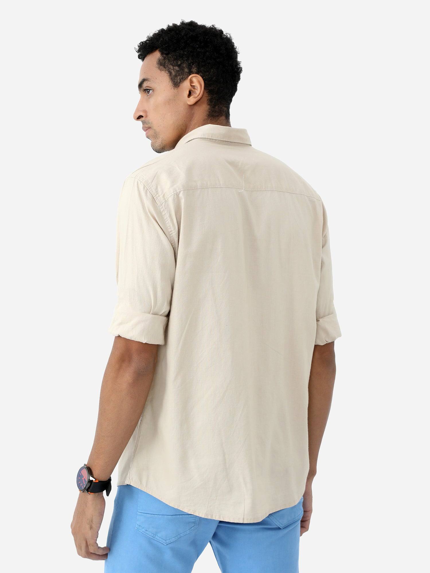 Beige Solid Cotton Full Sleeve Shirt - Guniaa Fashions