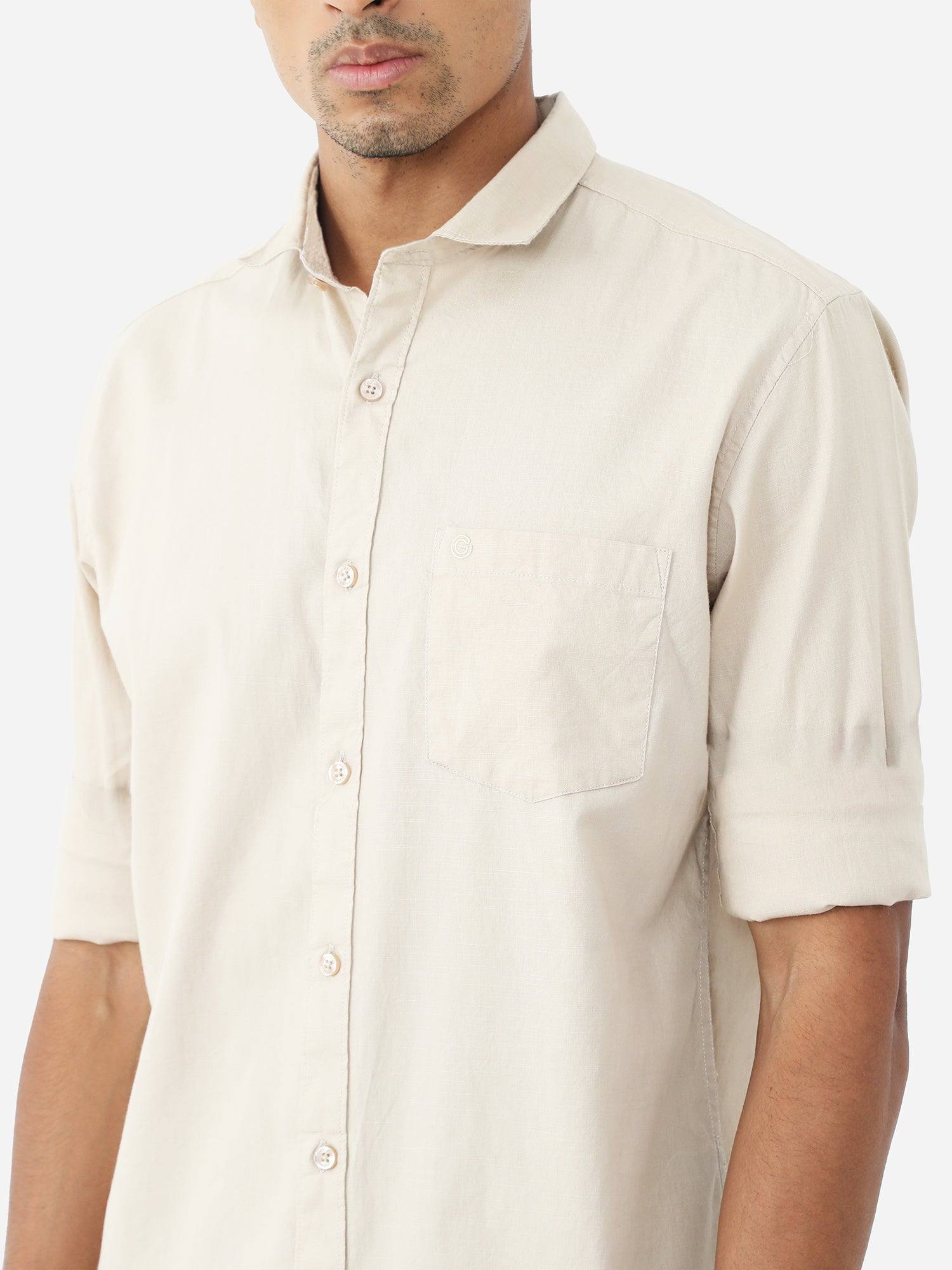 Beige Solid Cotton Full Sleeve Shirt - Guniaa Fashions