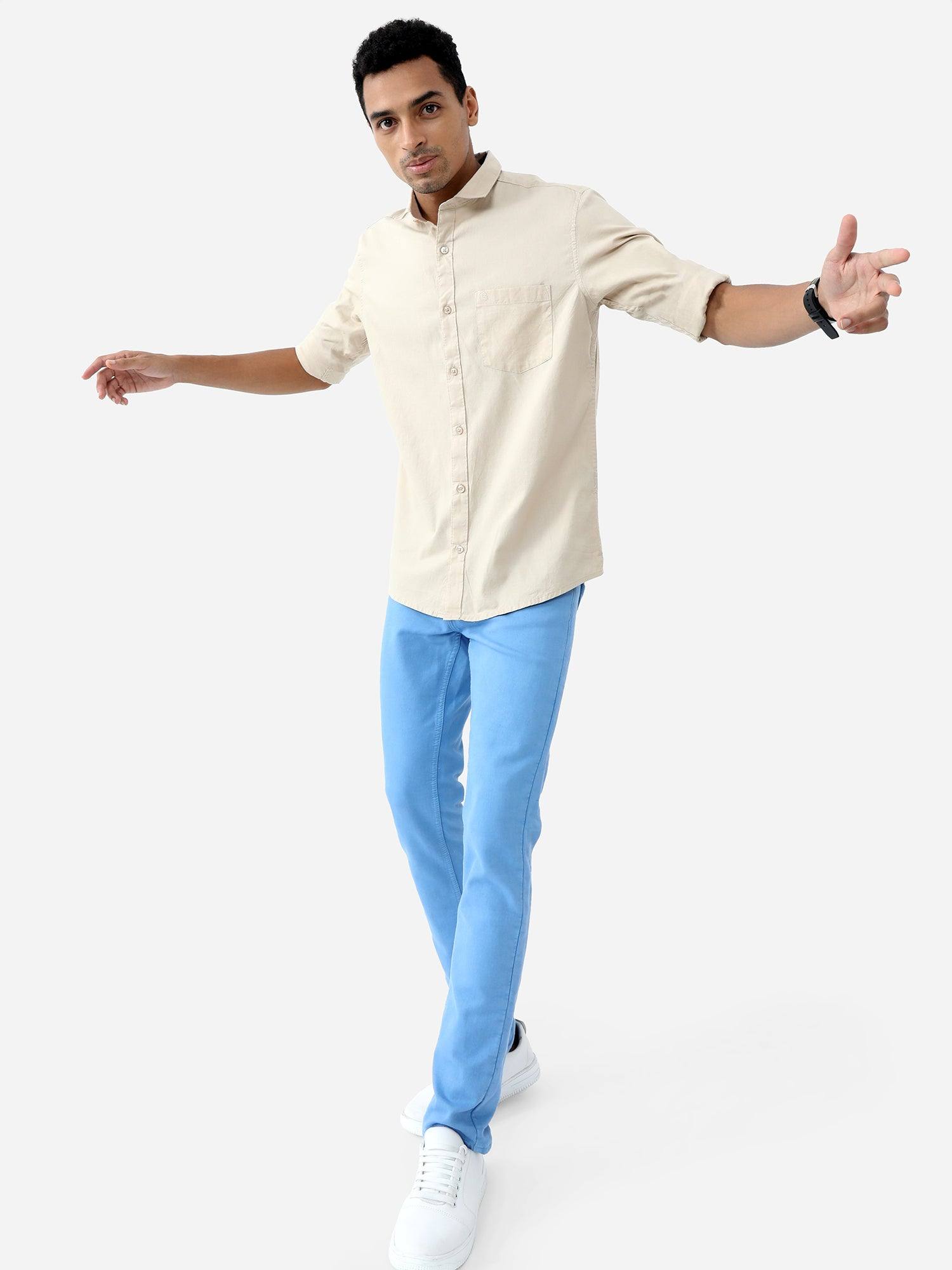 Beige Solid Cotton Full Sleeve Shirt - Guniaa Fashions