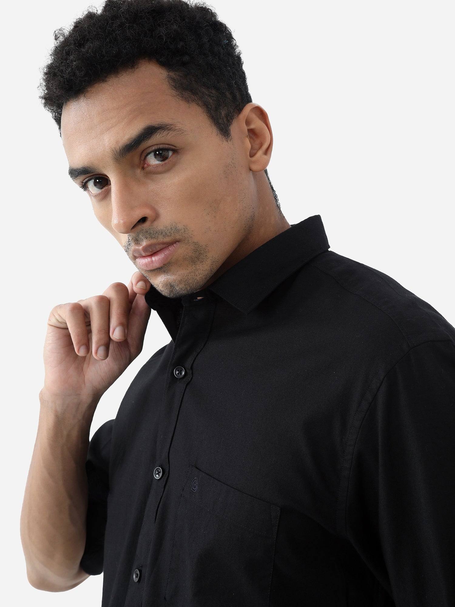 Black Solid Cotton Full Sleeve Shirt - Guniaa Fashions