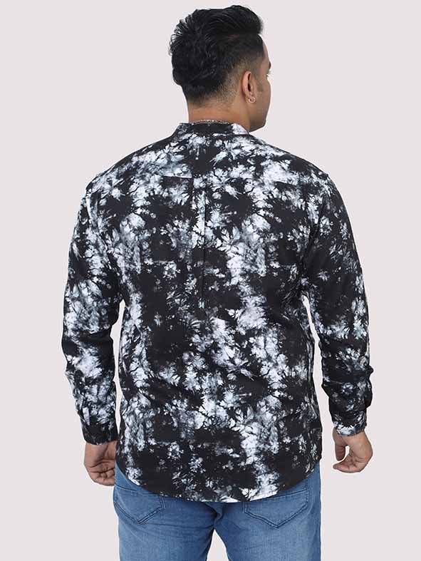 Black Tie Dye Texture Chinese Collar Men's Plus Size Full Shirt - Guniaa Fashions
