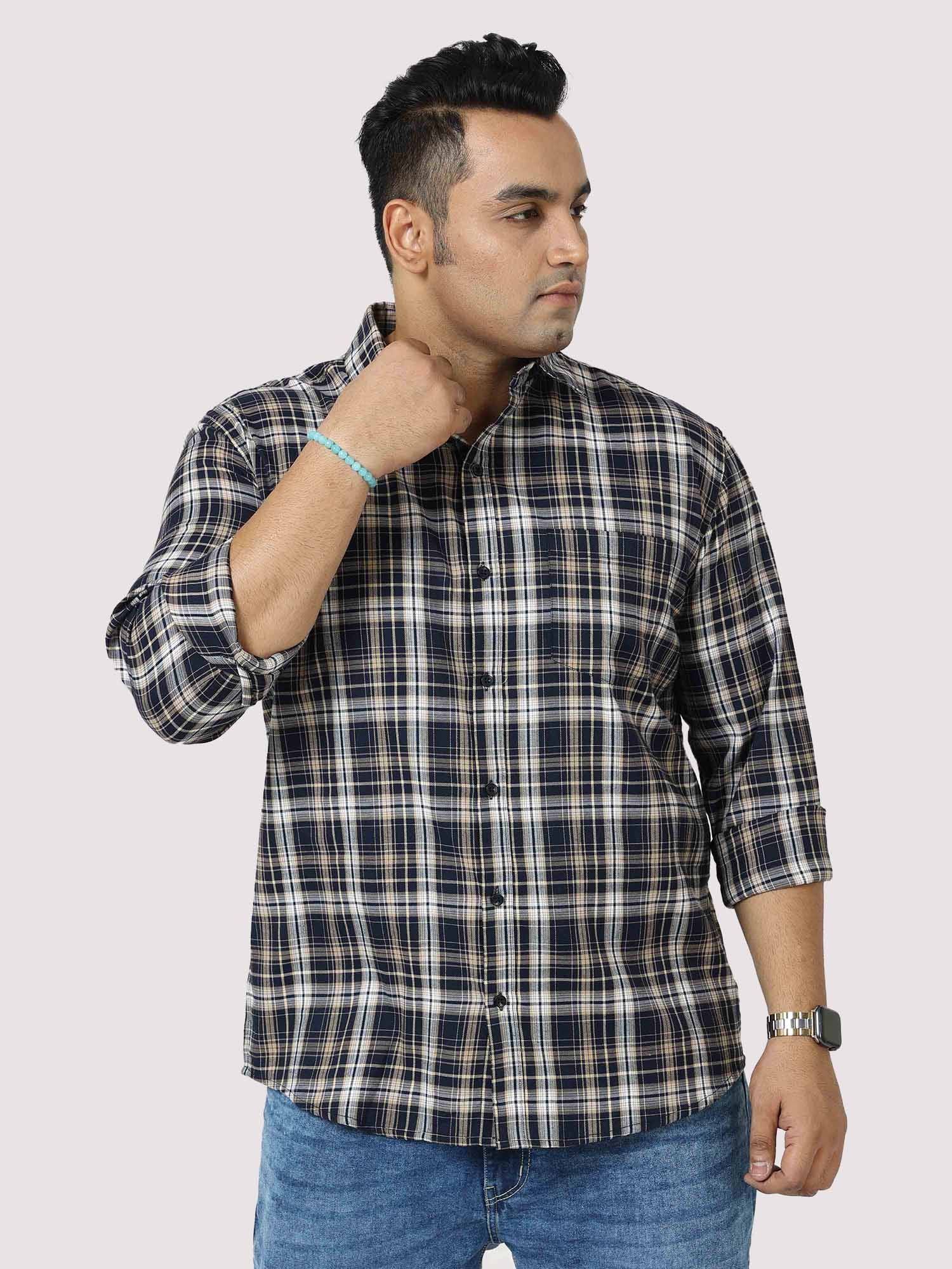 Brown on White Checkered Cotton Full Shirt Men's Plus Size - Guniaa Fashions