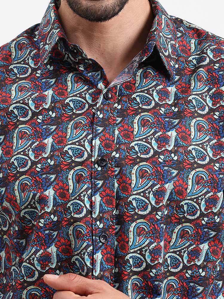 Brown Paisley Printed Cotton Half Sleeve Shirt - Guniaa Fashions