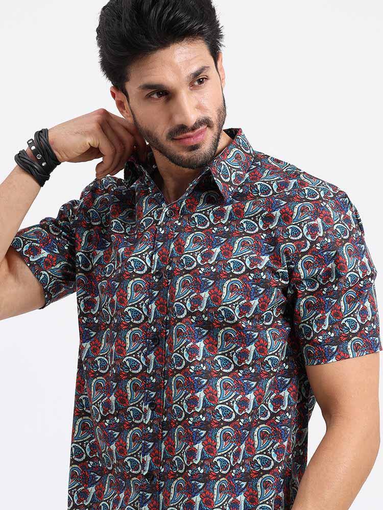 Brown Paisley Printed Cotton Half Sleeve Shirt - Guniaa Fashions