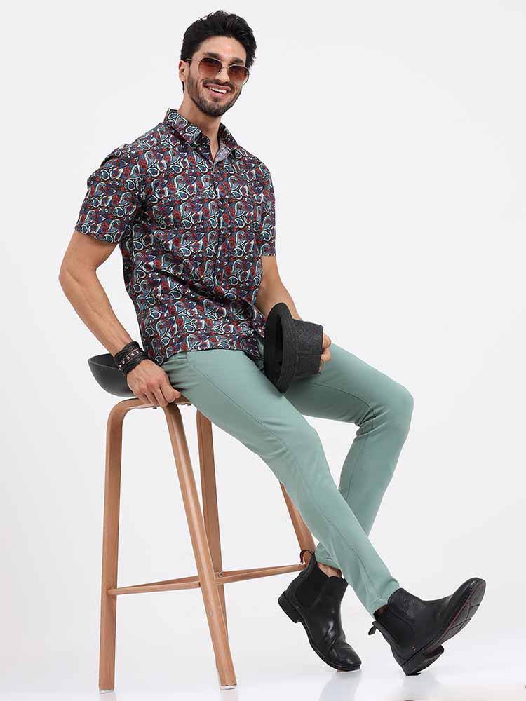 Brown Paisley Printed Cotton Half Sleeve Shirt - Guniaa Fashions