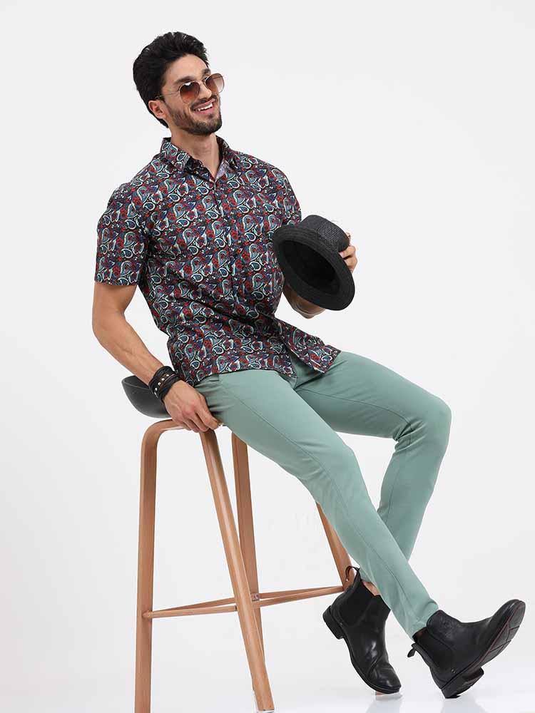 Brown Paisley Printed Cotton Half Sleeve Shirt - Guniaa Fashions
