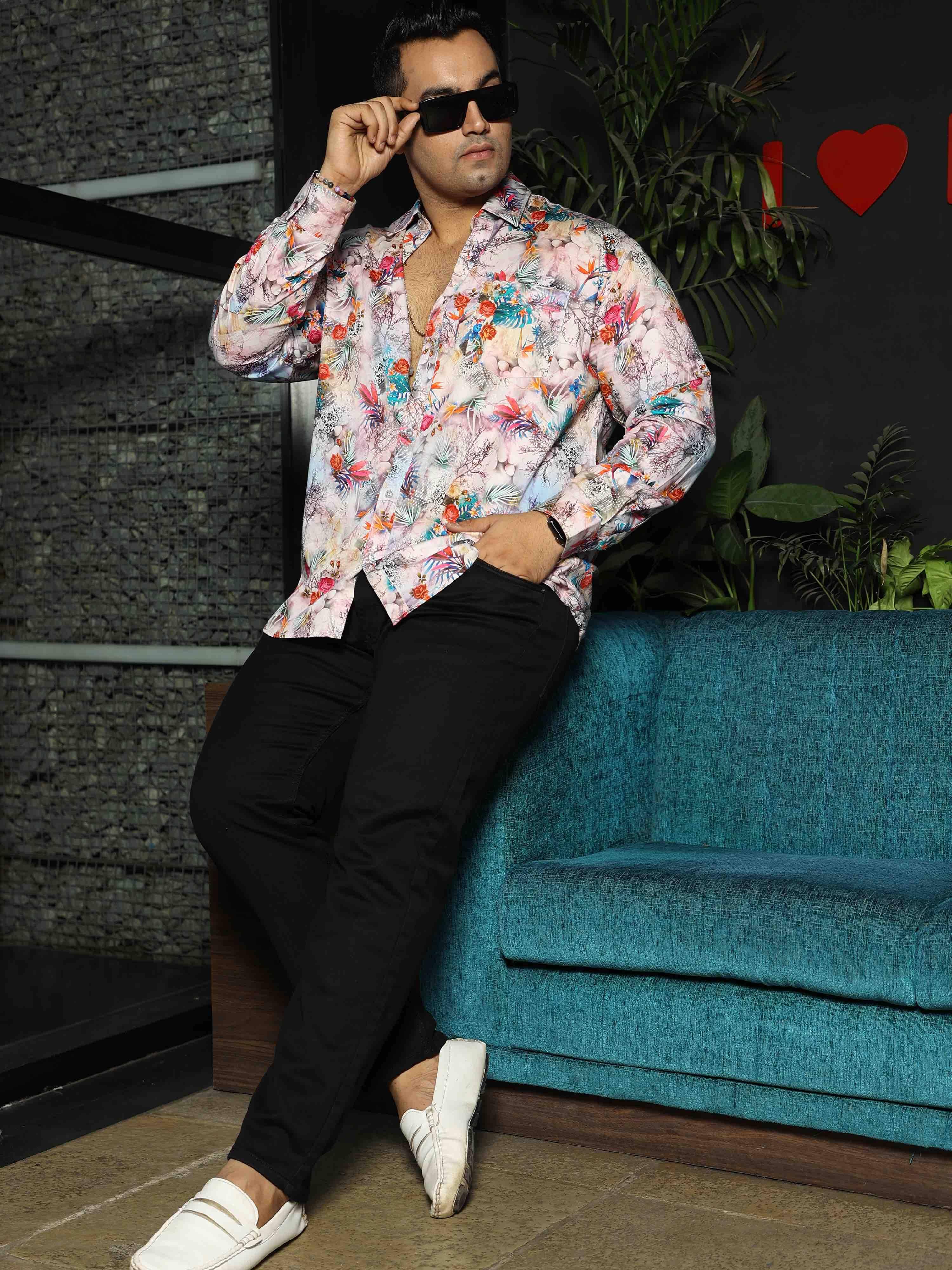 Hibiscus Tropic Digital Printed Full sleeve Shirt Men's Plus Size