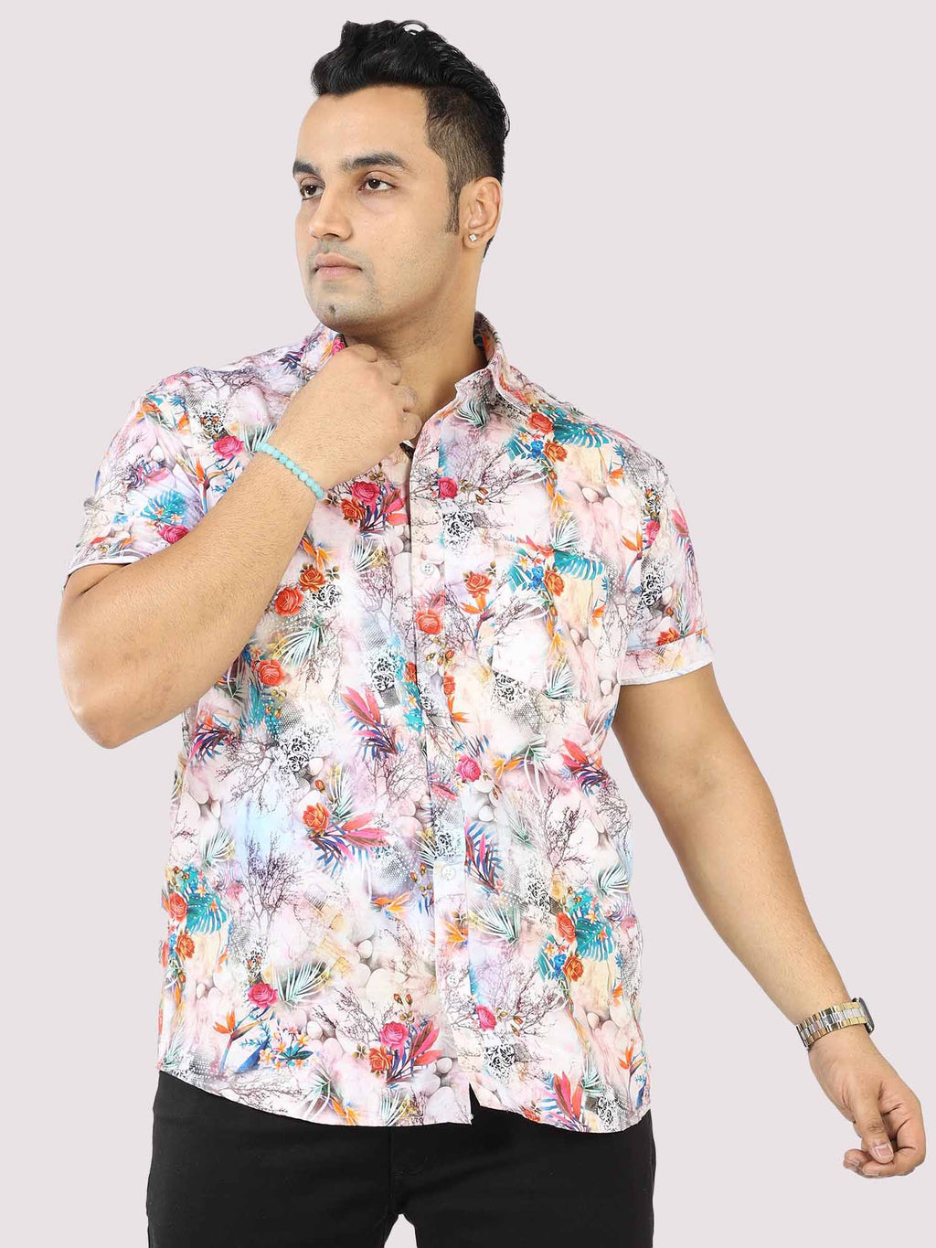 Hand Drawn Hibiscus Print Men's Short Sleeve Shirt