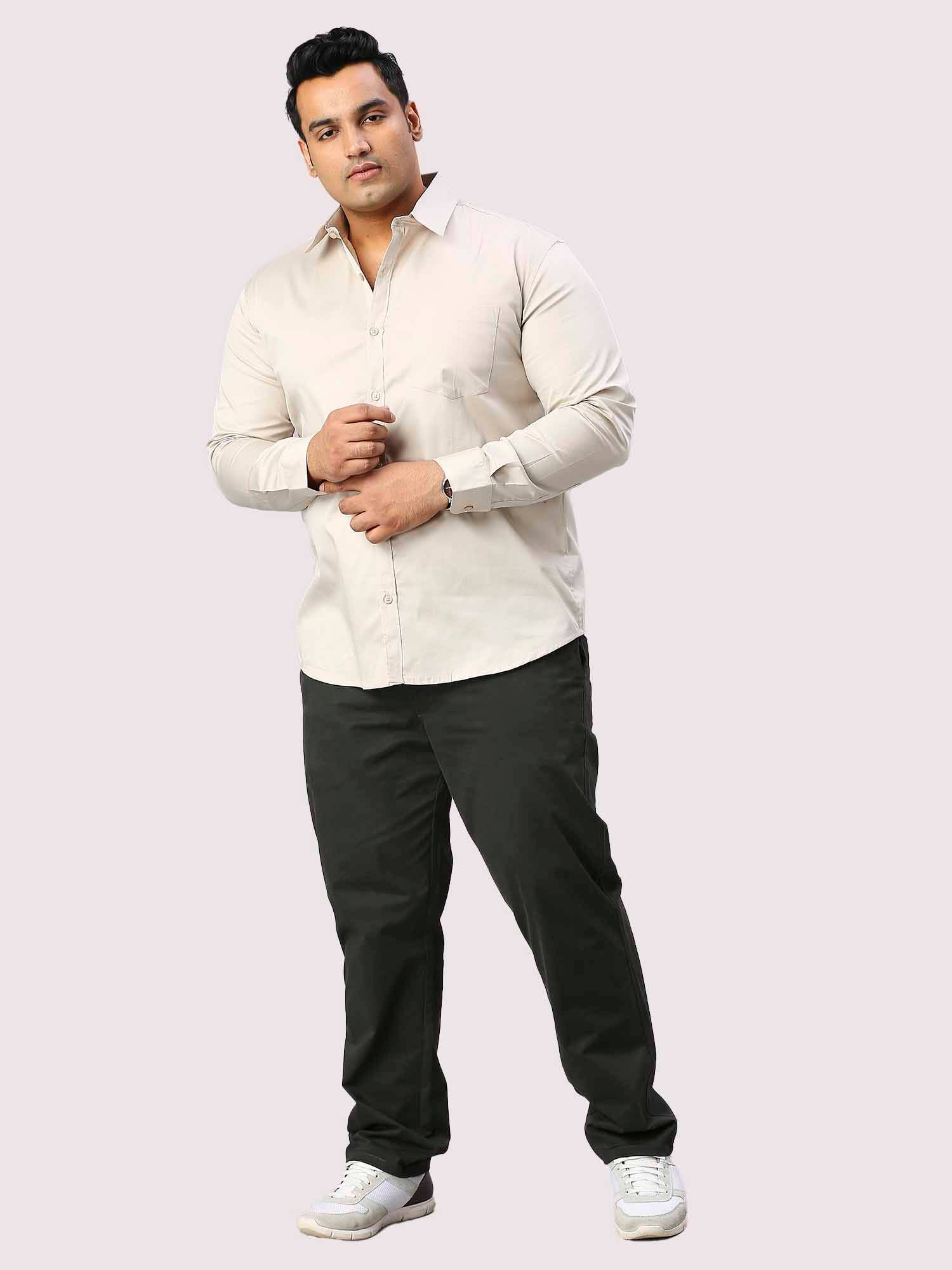 Light Cream Pure Cotton Full Sleeve Shirt Men's Plus Size - Guniaa Fashions
