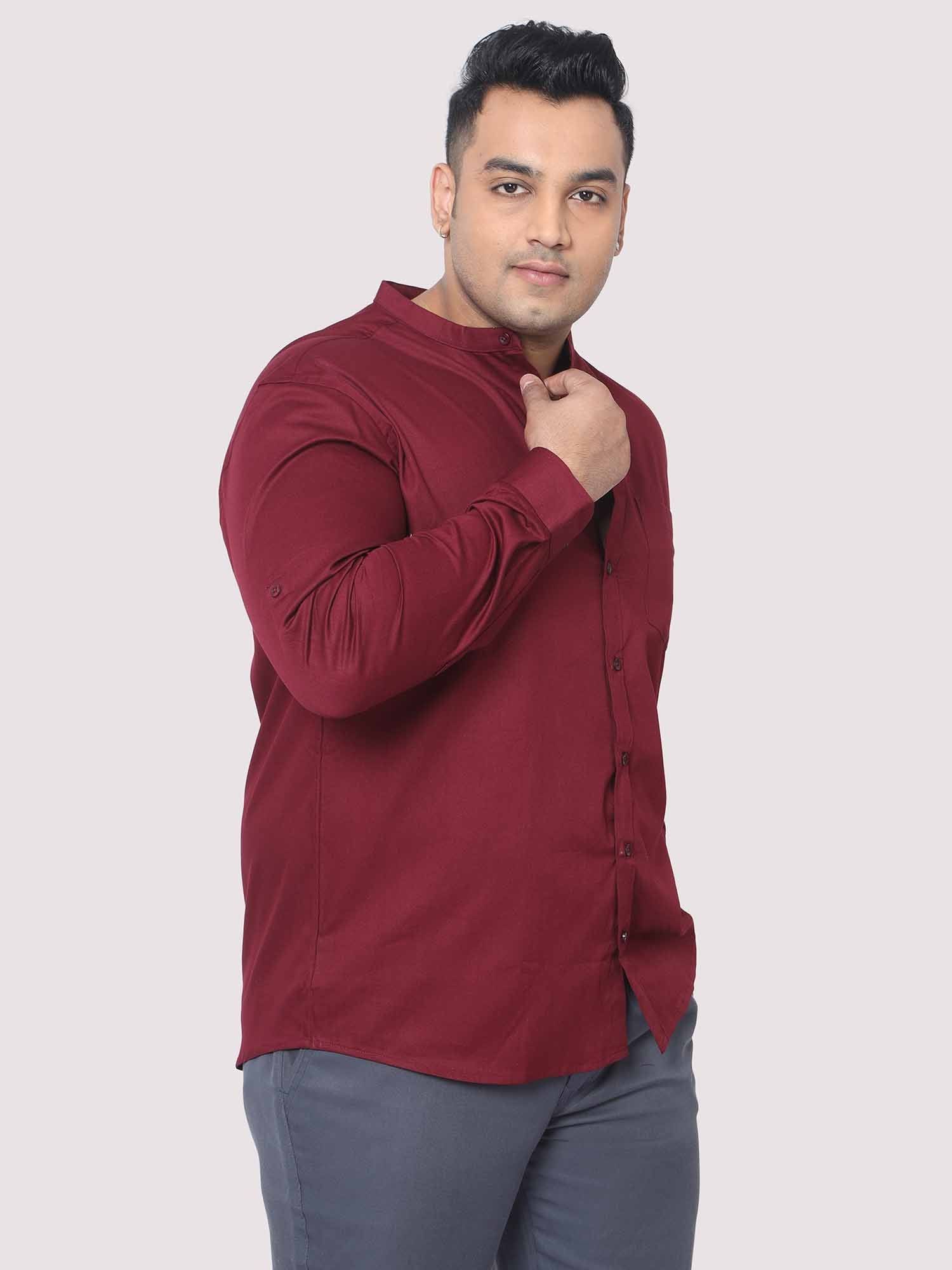 Maroon Mandarin Collar Men's Plus Size Cotton Full Shirt - Guniaa Fashions