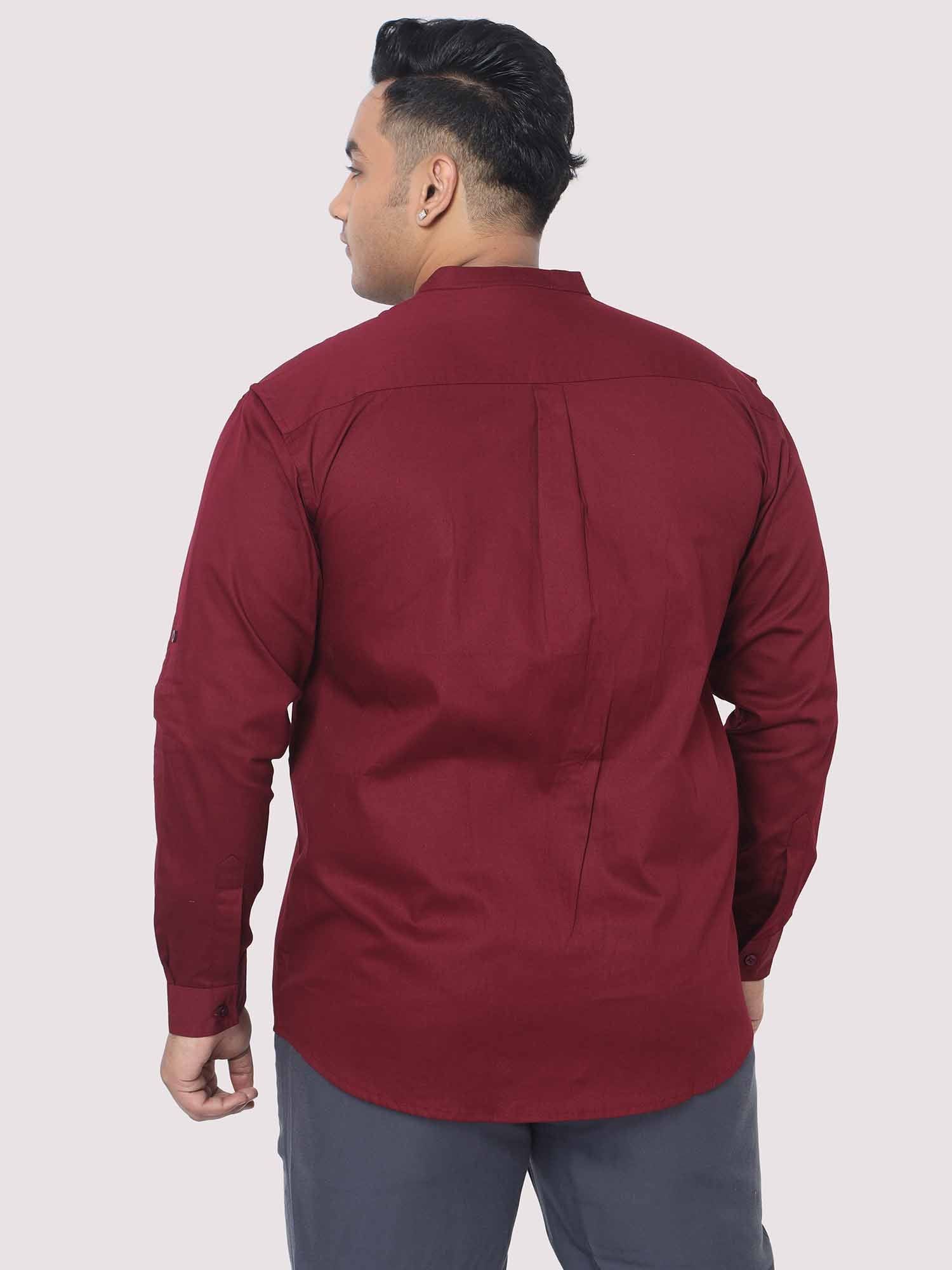 Maroon Mandarin Collar Men's Plus Size Cotton Full Shirt - Guniaa Fashions