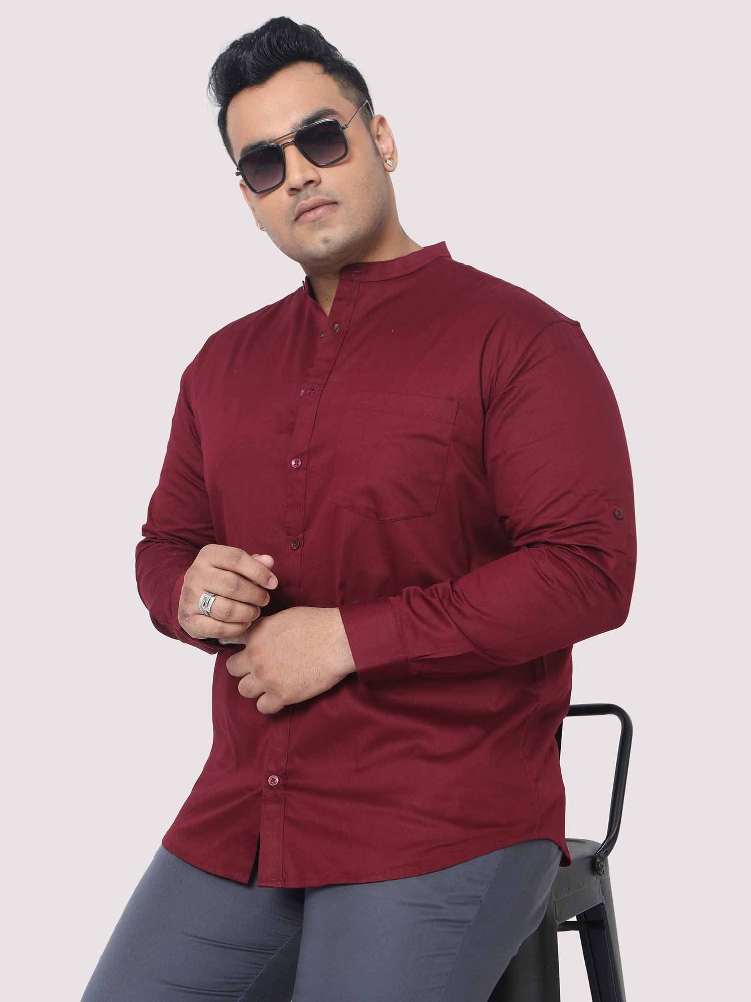 Maroon Mandarin Collar Men's Plus Size Cotton Full Shirt - Guniaa Fashions