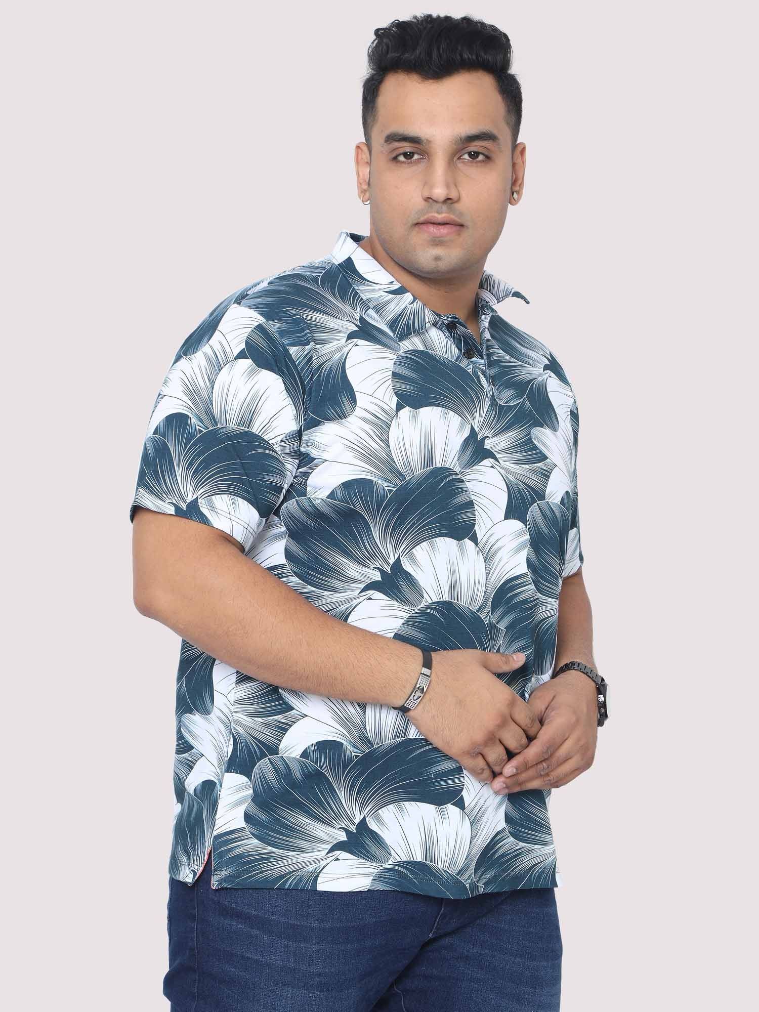Men Plus Size Big Grey Flower Digital Printed Polo Collar T-shirt - Guniaa Fashions
