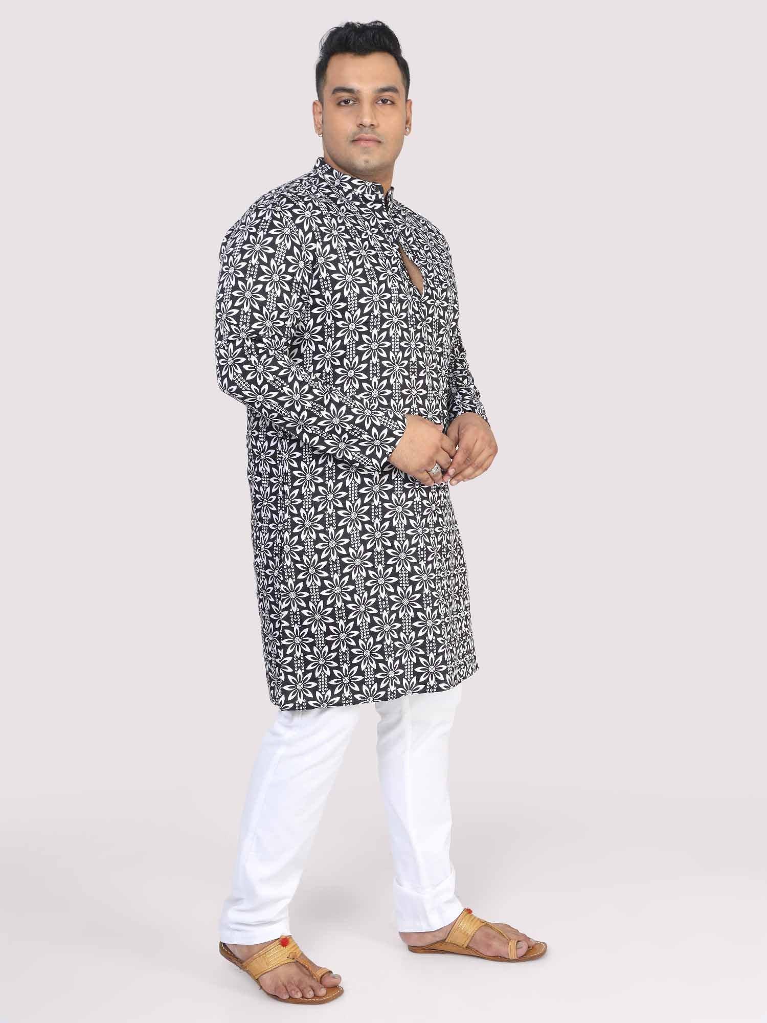 Men Plus Size Black Floral Digital Printed Kurta - Guniaa Fashions