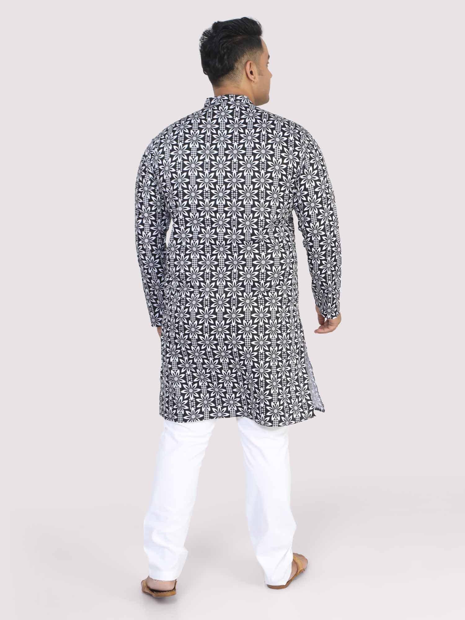 Men Plus Size Black Floral Digital Printed Kurta - Guniaa Fashions
