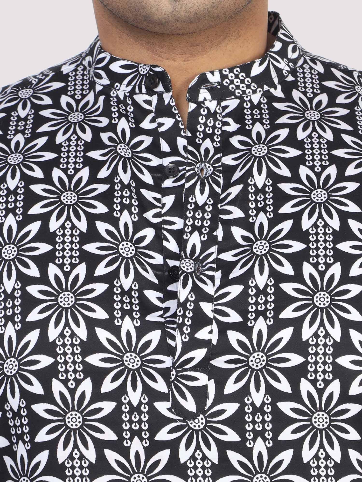 Men Plus Size Black Floral Digital Printed Kurta - Guniaa Fashions
